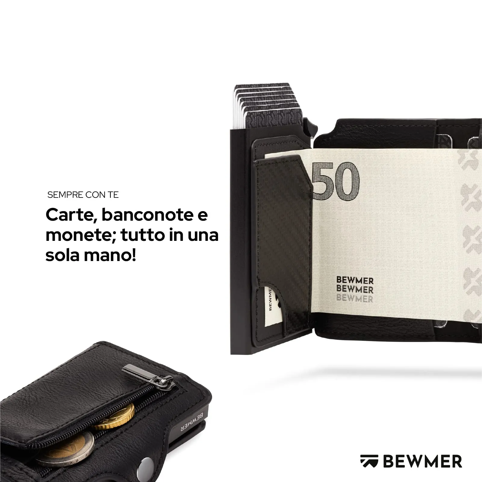 BEWMER Portafoglio Slim con Protezione RFID e Fermasoldi in Carbon Fiber, Nero Senza Zip - immagine 3