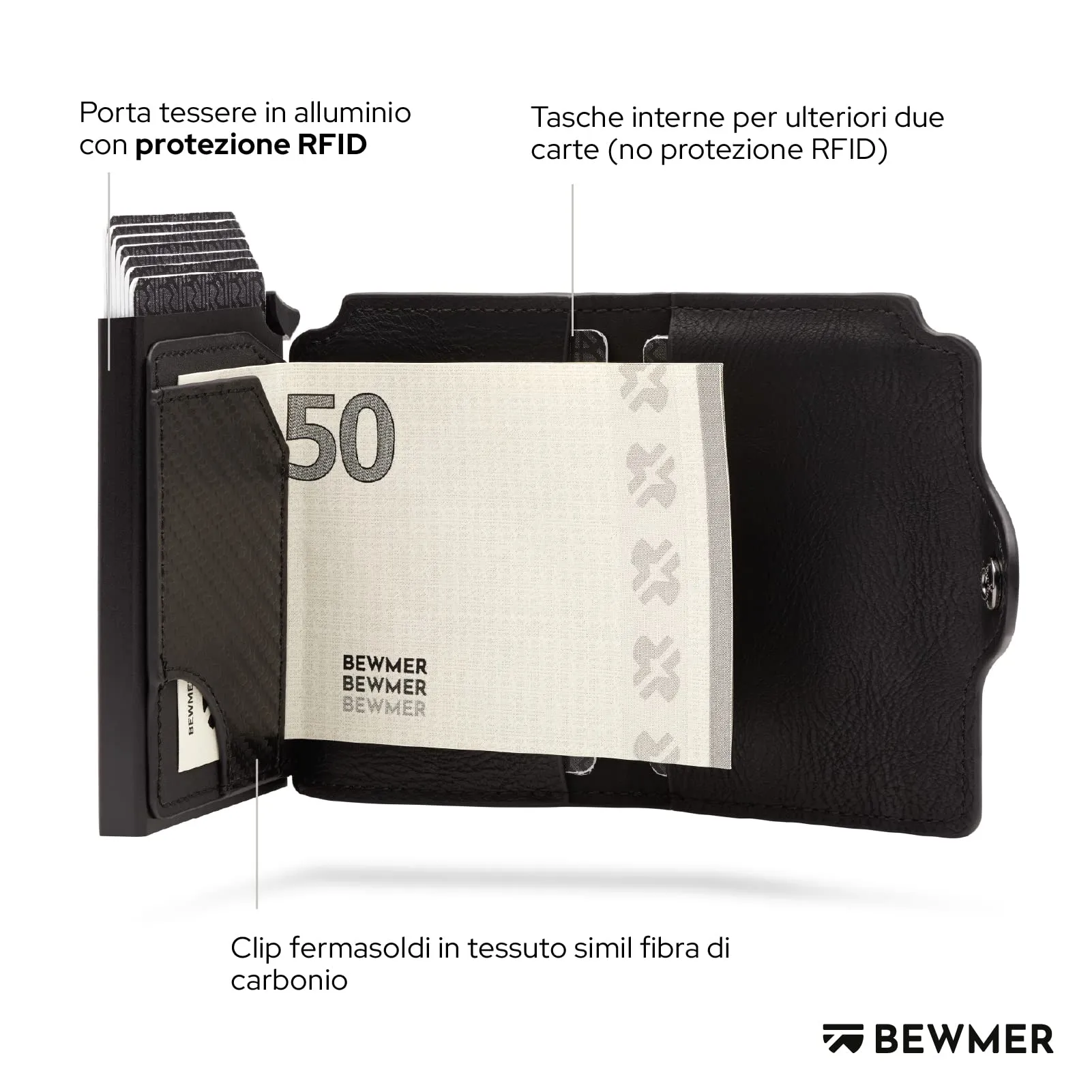 BEWMER Portafoglio Slim con Protezione RFID e Fermasoldi in Carbon Fiber, Nero Senza Zip - immagine 4