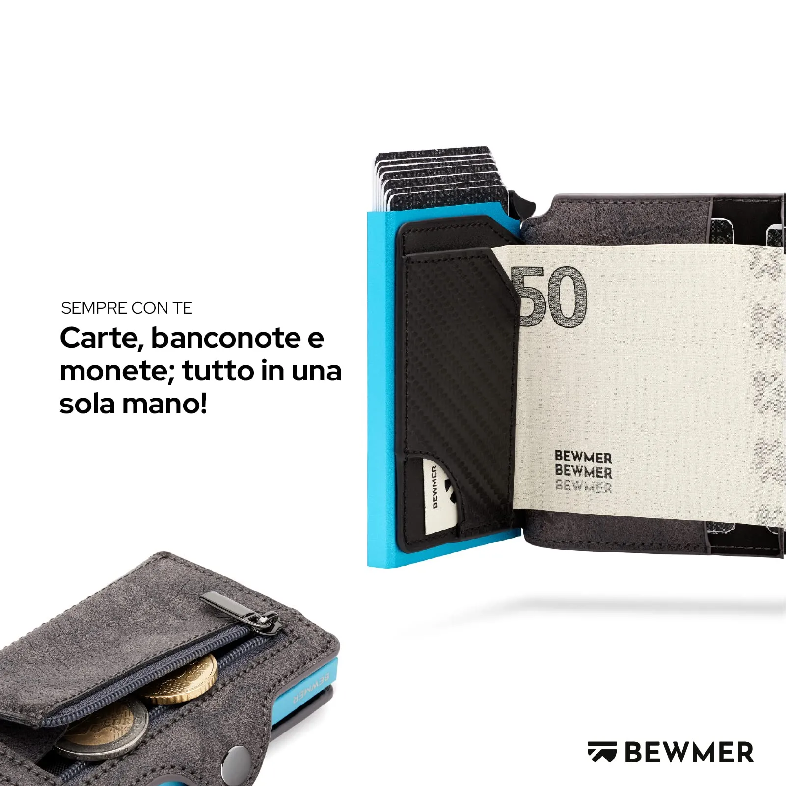 BEWMER Porta Carte di Credito 1 ZIP Schermato con RFID Protection e Fermasoldi in Carbon Fiber - Grigio - immagine 3