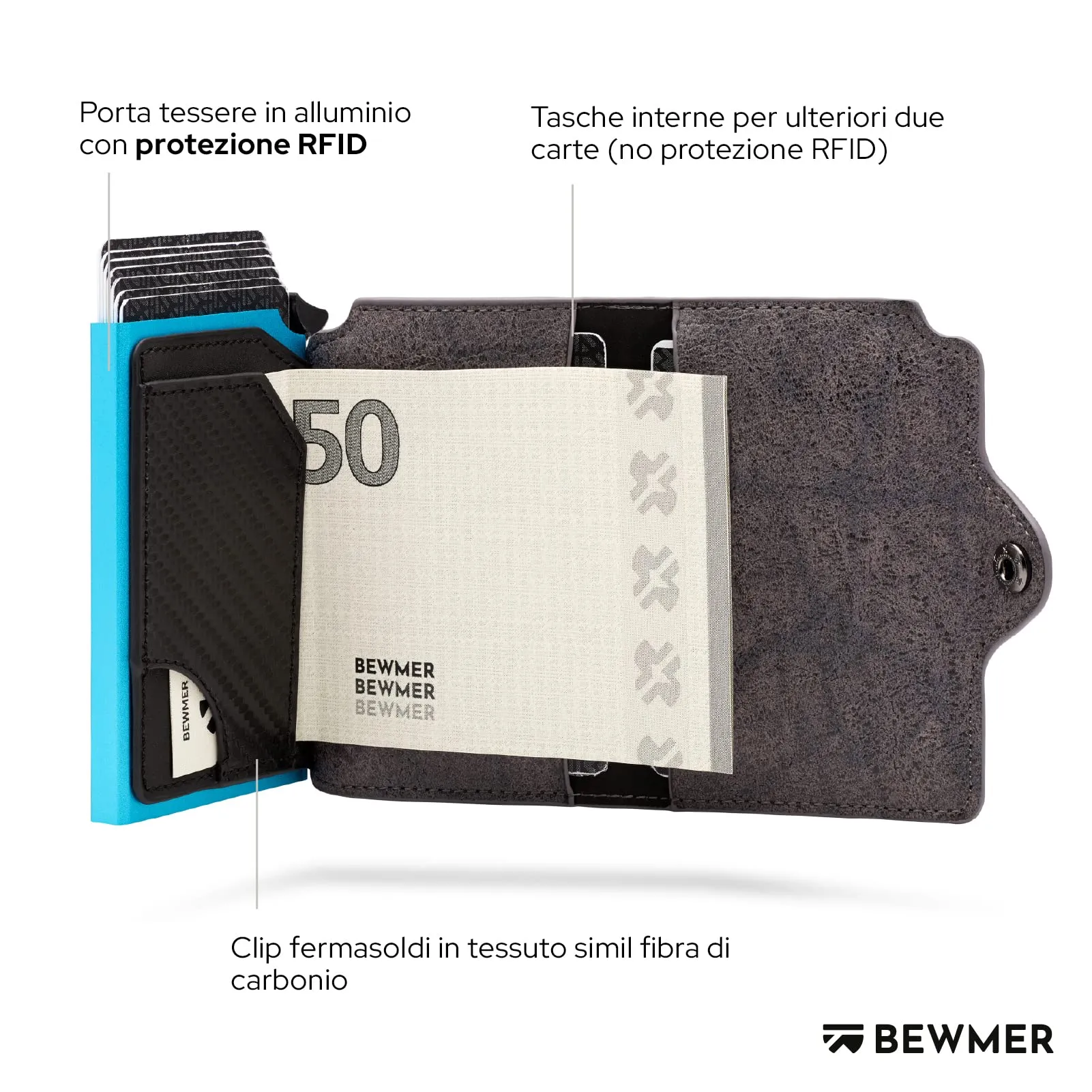 BEWMER Porta Carte di Credito 1 ZIP Schermato con RFID Protection e Fermasoldi in Carbon Fiber - Grigio - immagine 4