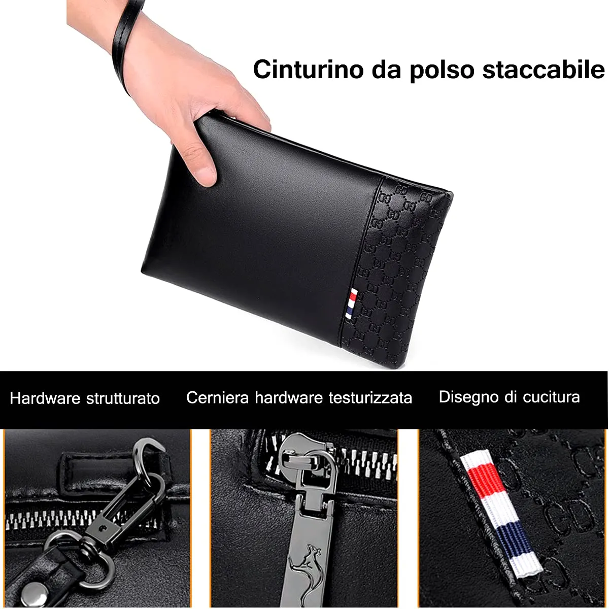 A-QMZL Pochette Borsello Uomo a Mano da Polso in Pelle Nero - immagine 4