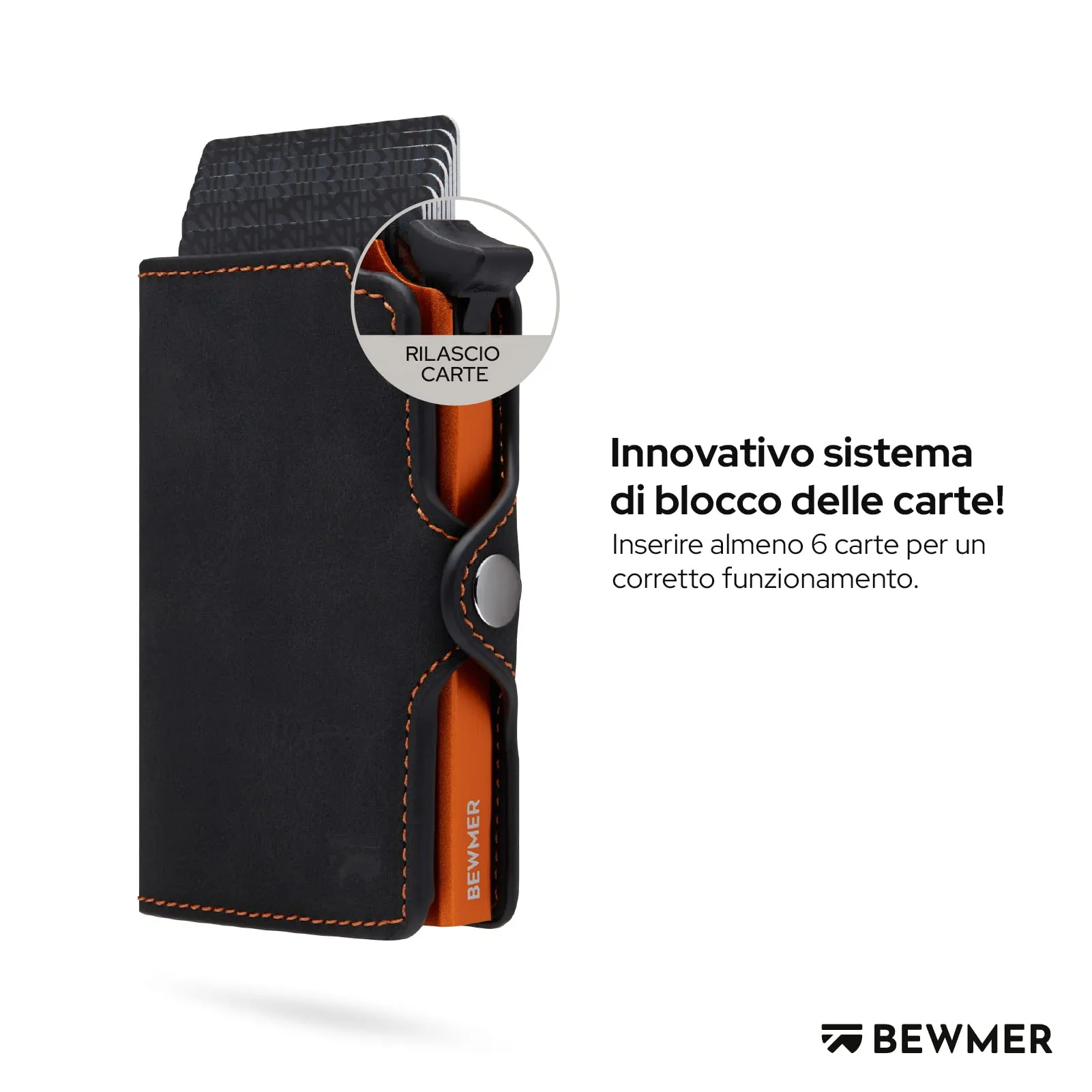 BEWMER Portafoglio Slim con Protezione RFID e Fermasoldi in Carbon Fiber - Nero e Arancione, Senza Zip - immagine 2