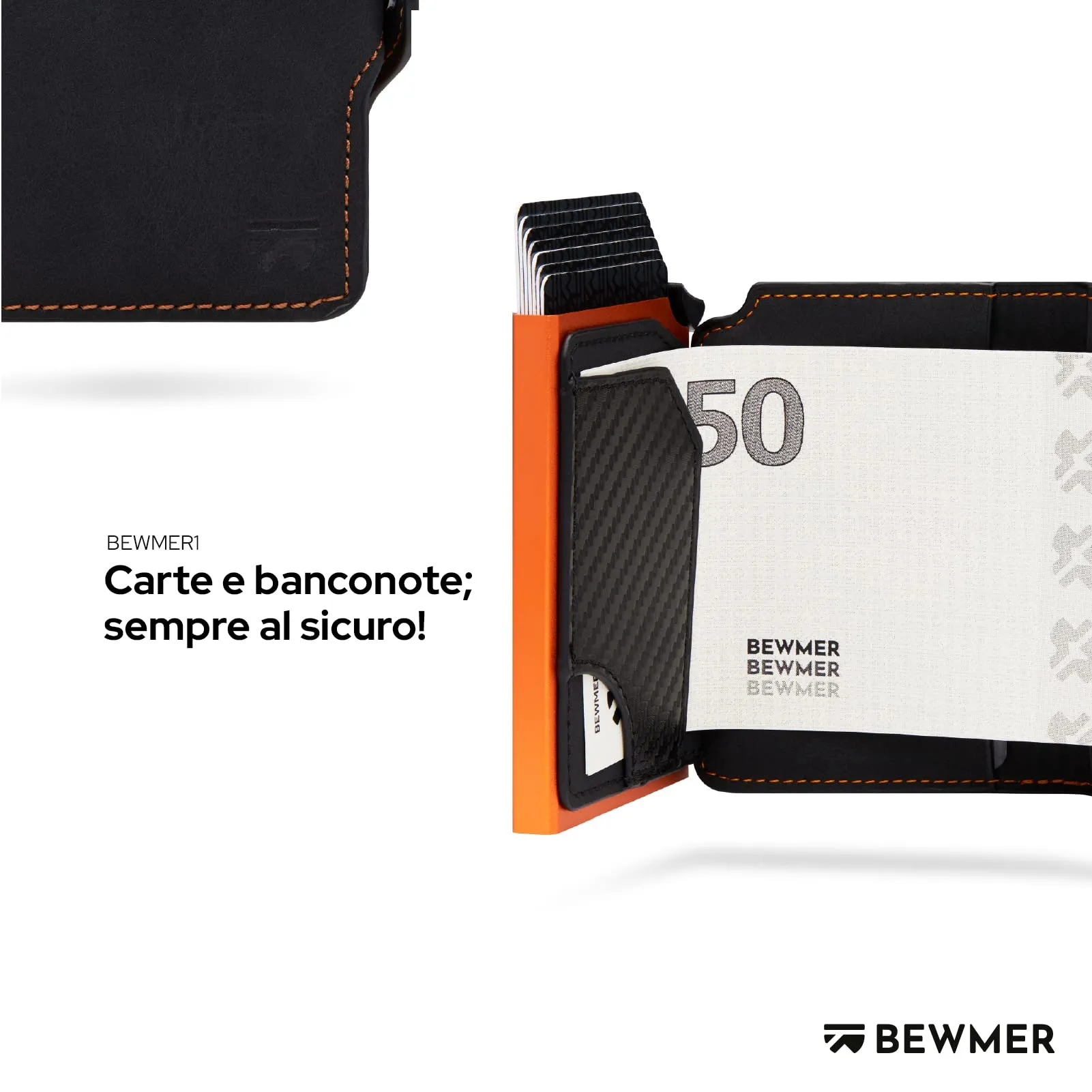 BEWMER Portafoglio Slim con Protezione RFID e Fermasoldi in Carbon Fiber - Nero e Arancione, Senza Zip - immagine 3