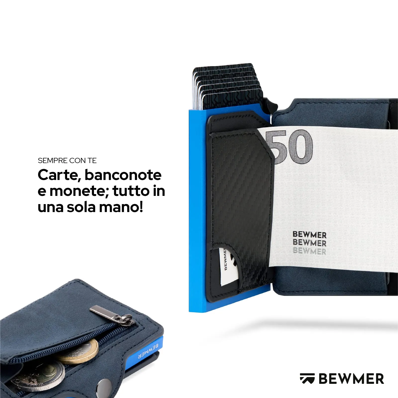 BEWMER Porta Carte di Credito 1 Zip Schermato, Portafoglio Slim con Protezione RFID e Fermasoldi in Carbon Fiber, Blu - immagine 4