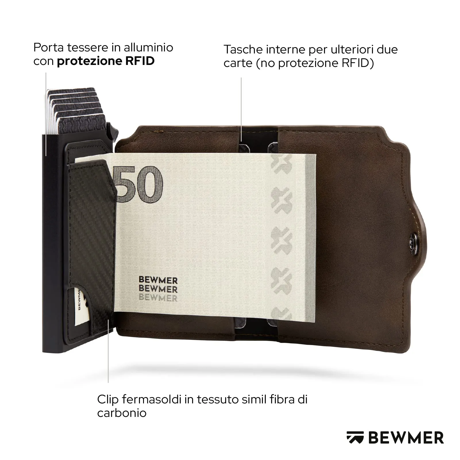 BEWMER Portafoglio Slim con custodia per AirTag in Carbon Fiber, Marrone - immagine 4