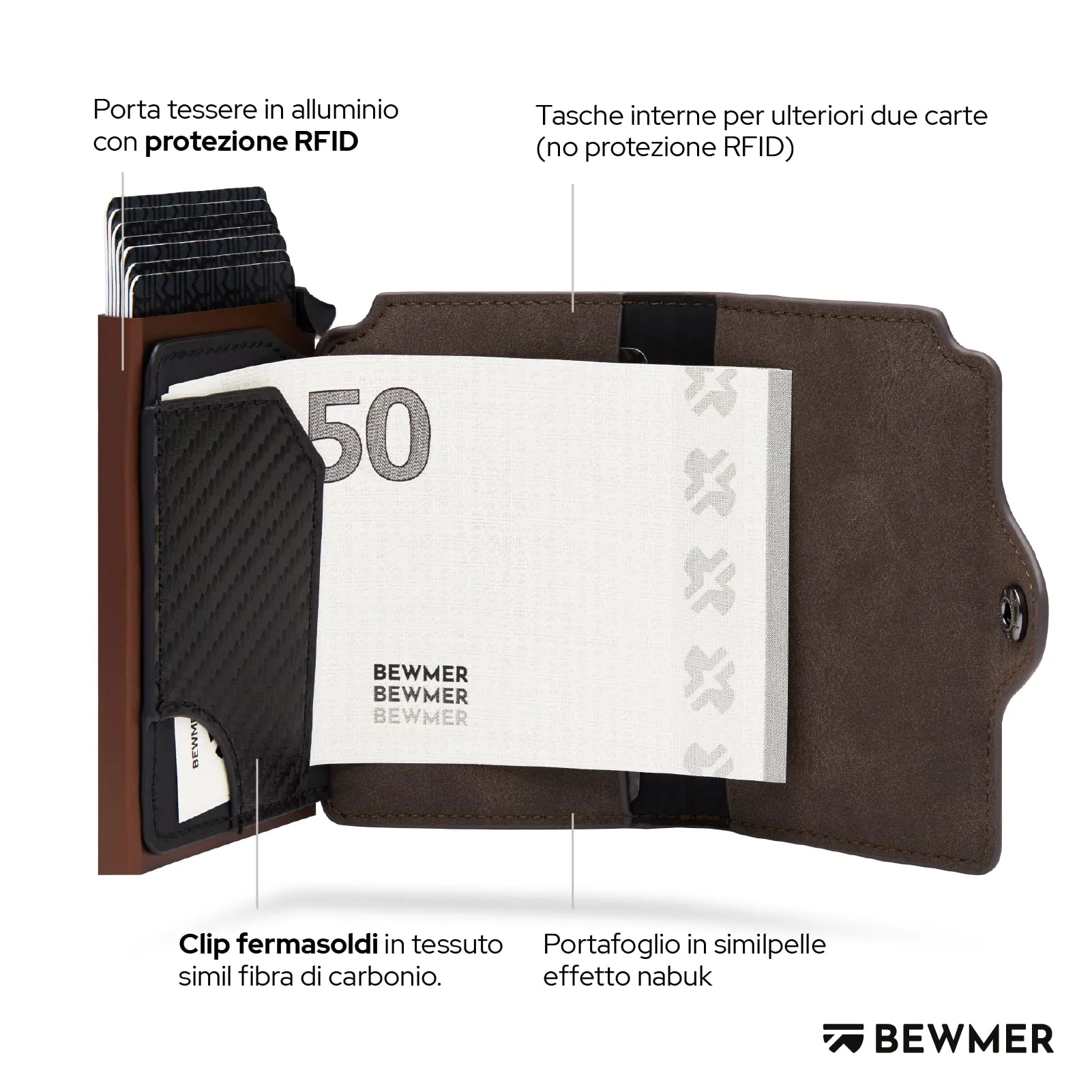 BEWMER Portafoglio Slim con Protezione RFID e Fermasoldi in Carbon Fiber, Marrone Testa di Moro, Senza Zip - immagine 4