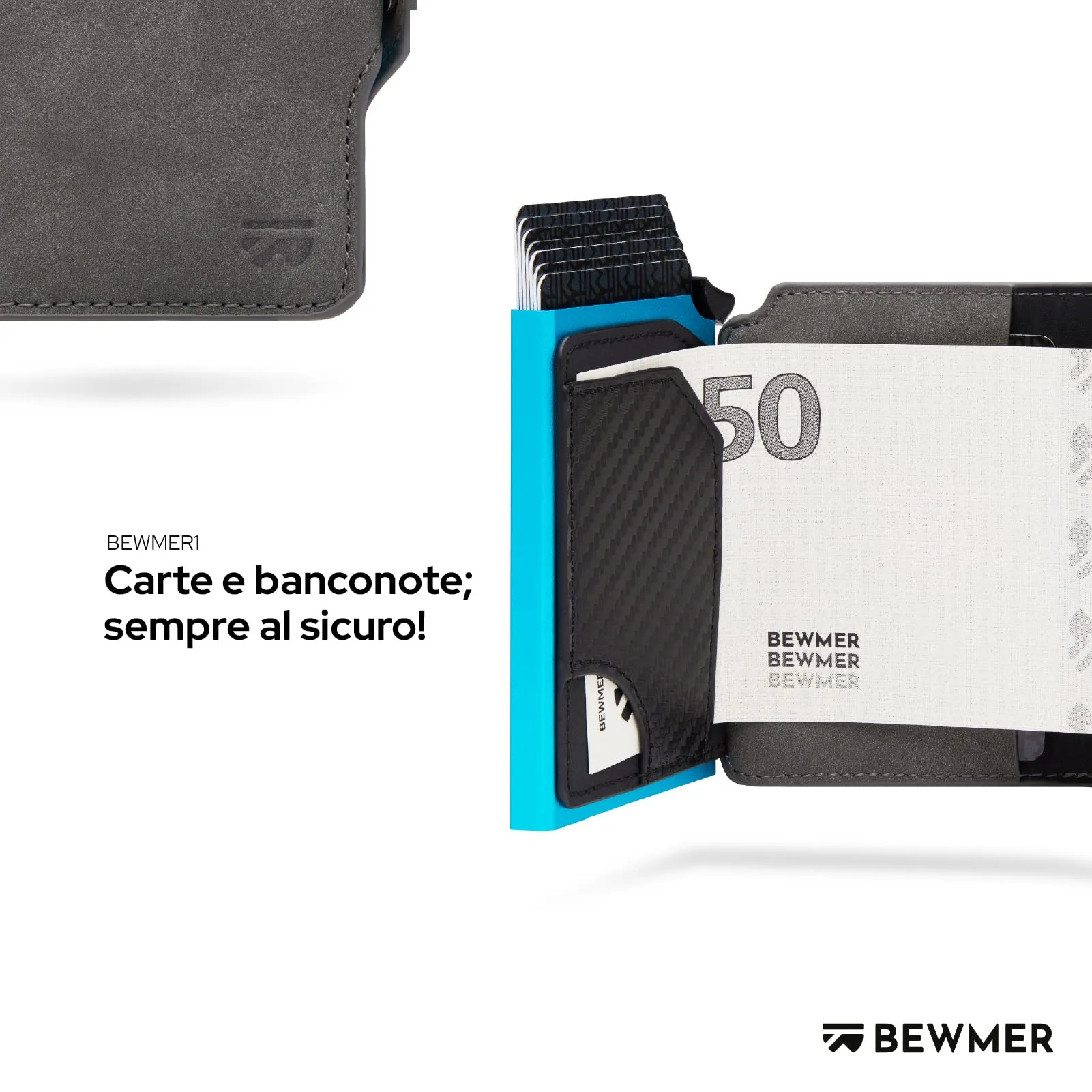 BEWMER Portafoglio Slim RFID con Fermasoldi in Carbon Fiber, Grigio Scuro e Blu, Senza Zip - immagine 3
