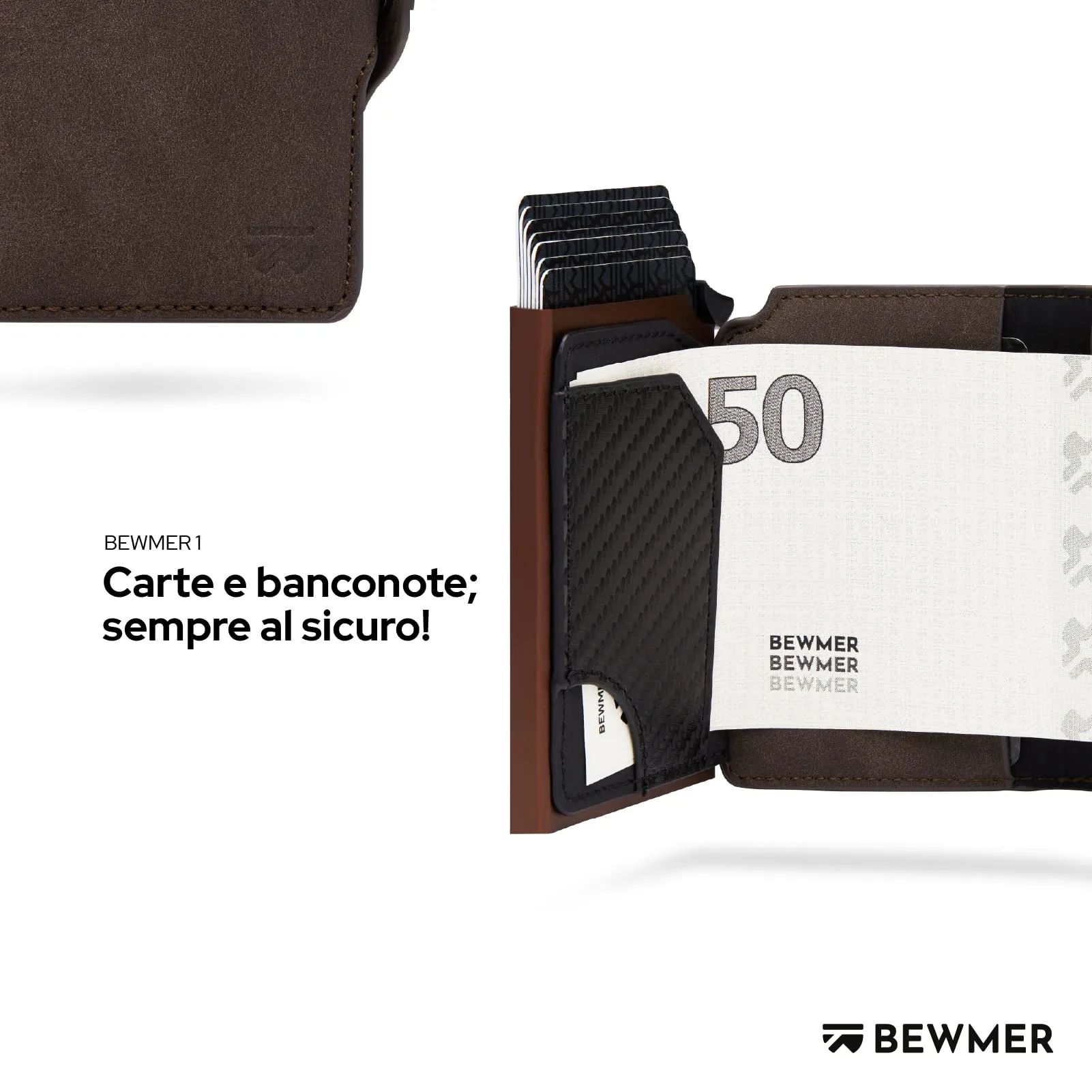 BEWMER Porta Carte di Credito Slim con Zip e Protezione RFID, Carbon Fiber, Marrone testa di moro - immagine 3