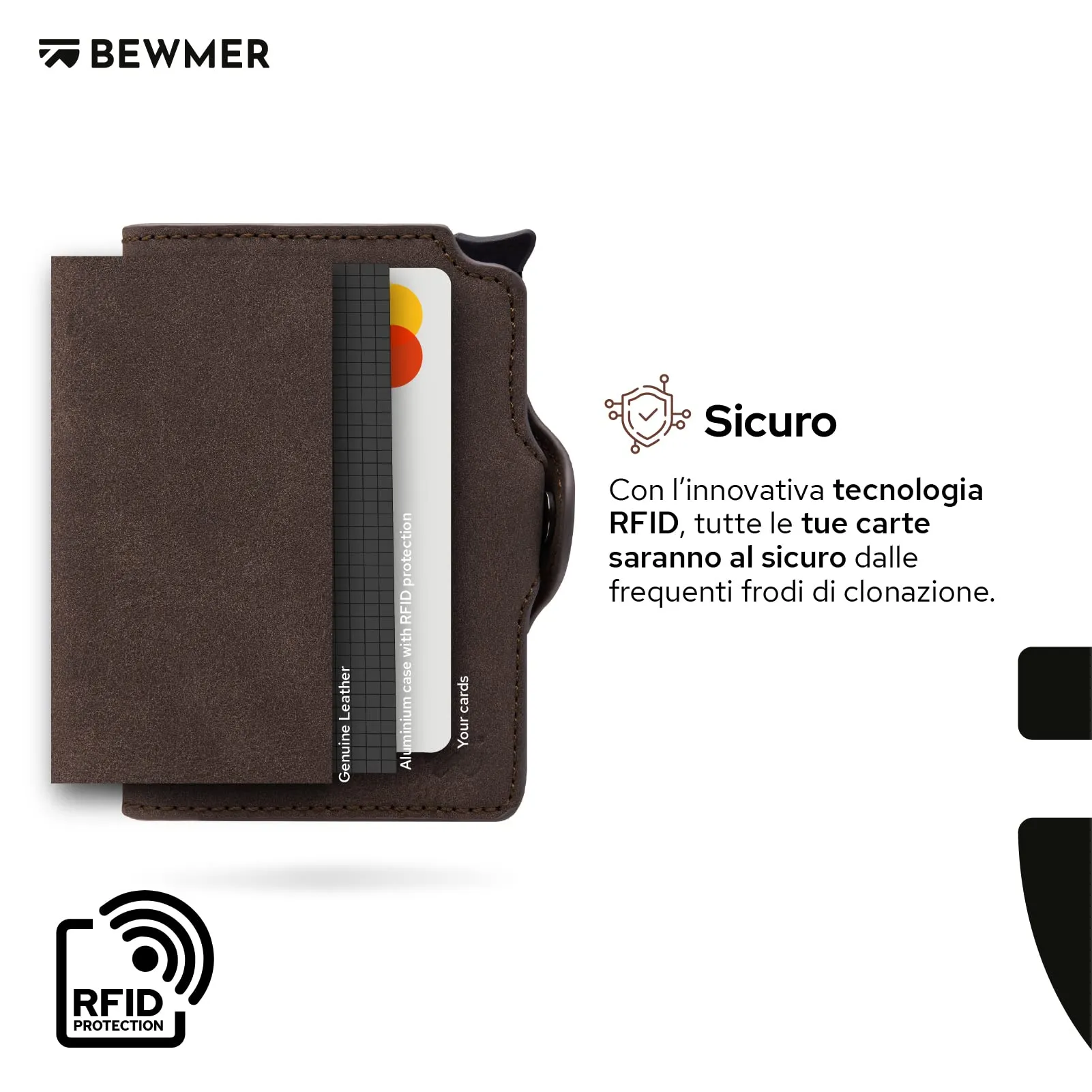 BEWMER Porta Carte di Credito Slim con Zip e Protezione RFID, Carbon Fiber, Marrone testa di moro - immagine 6