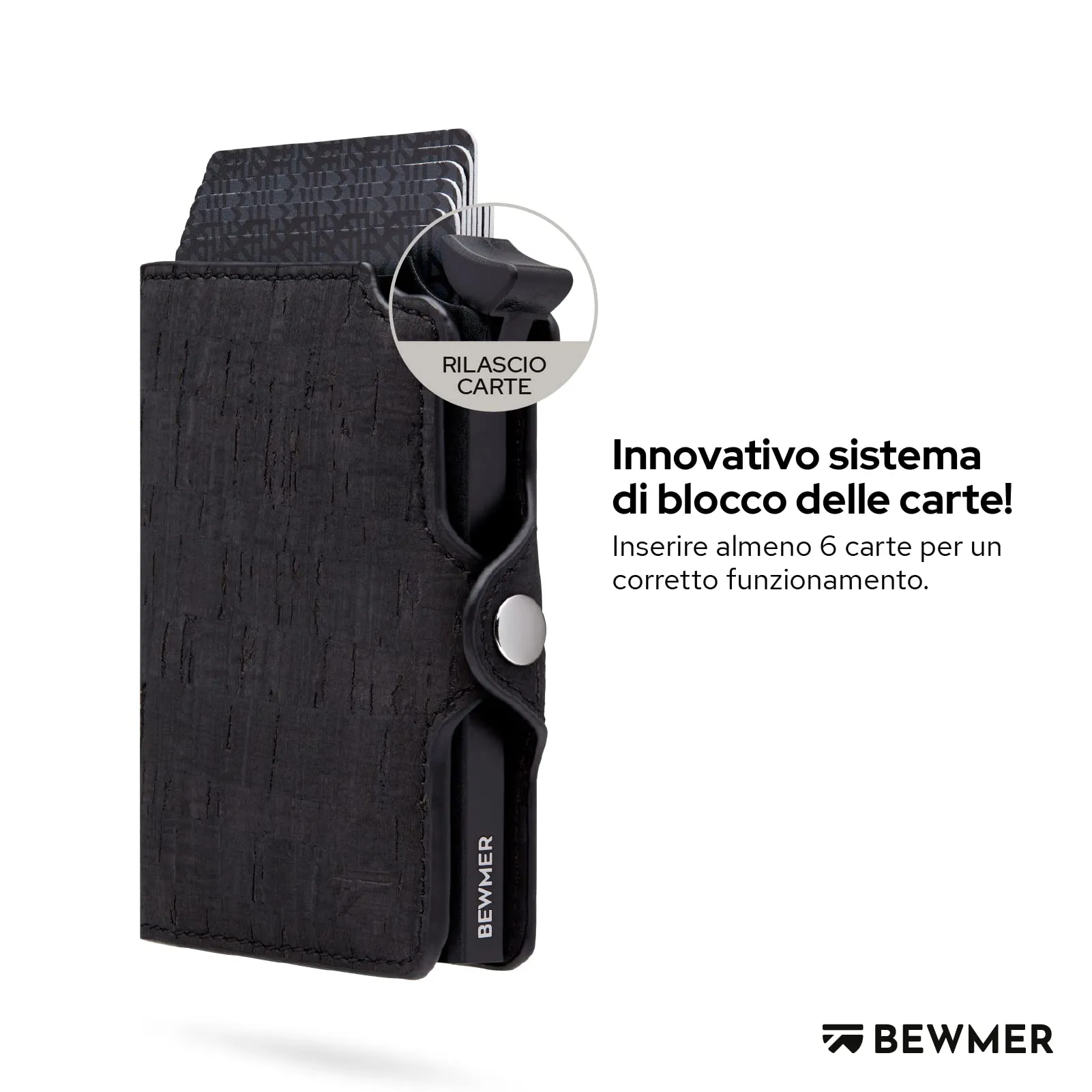 BEWMER Porta Carte di Credito B1 con Zip, Portafoglio Slim RFID, Carbon Fiber, Nero Sughero - immagine 2