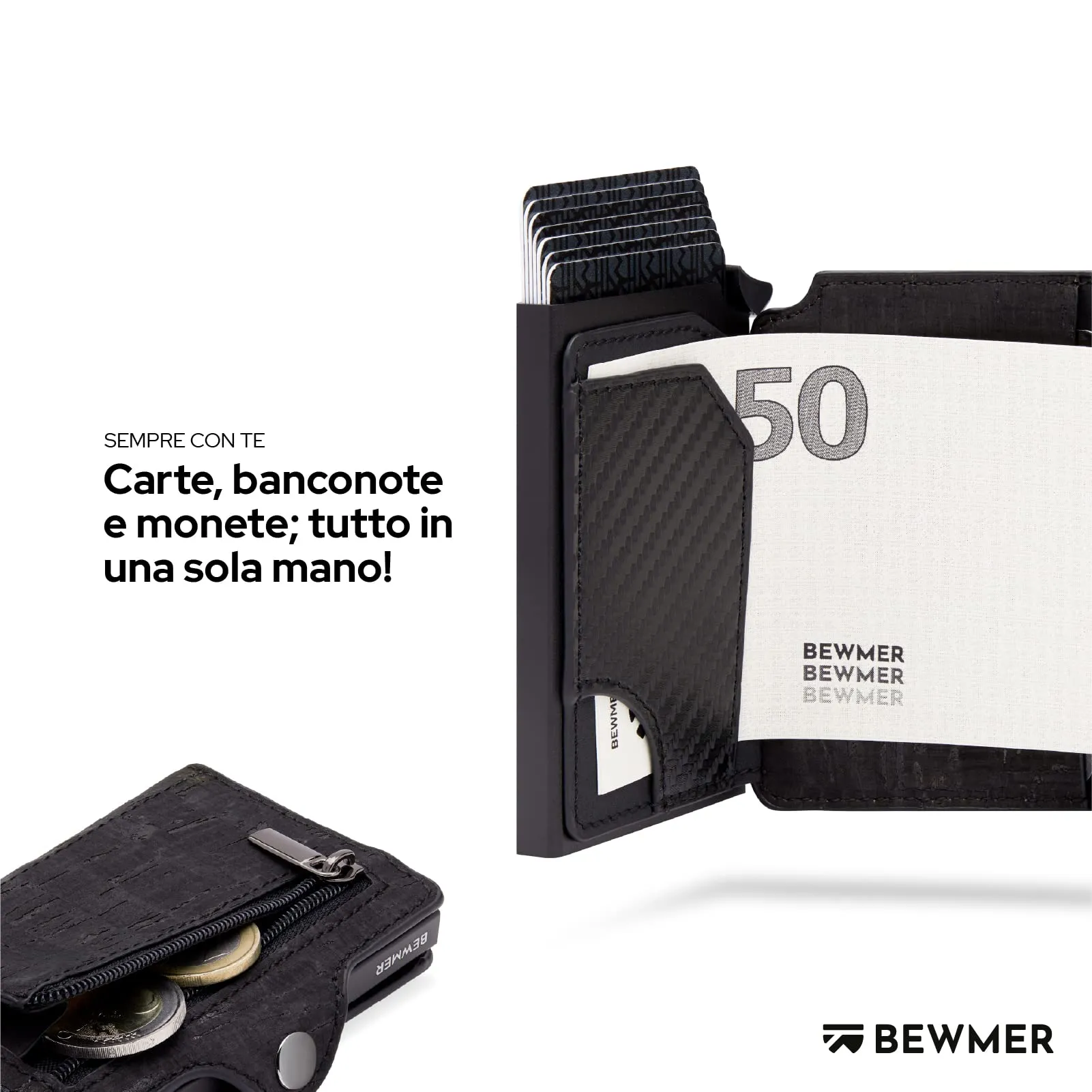 BEWMER Porta Carte di Credito B1 con Zip, Portafoglio Slim RFID, Carbon Fiber, Nero Sughero - immagine 3