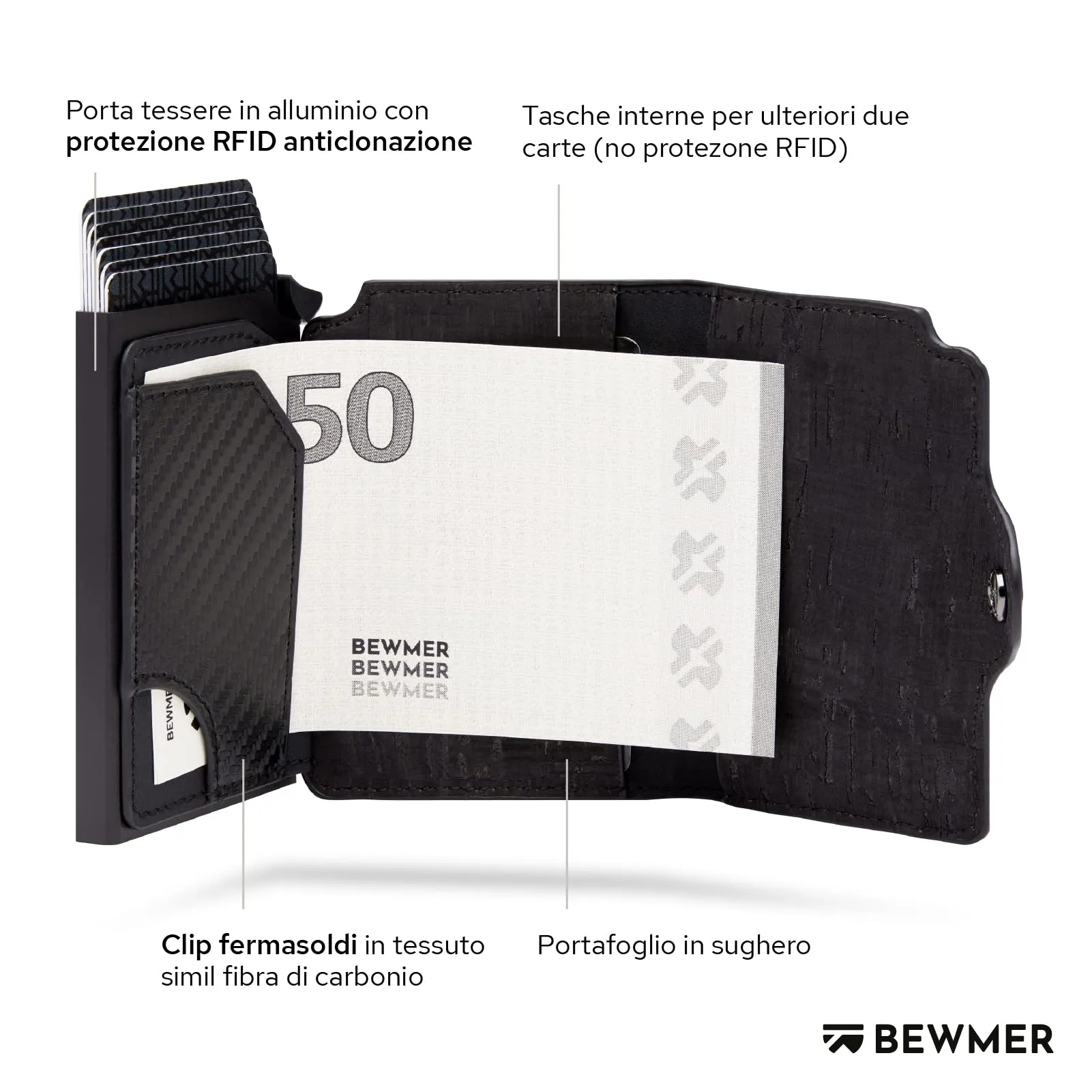 BEWMER Porta Carte di Credito B1 con Zip, Portafoglio Slim RFID, Carbon Fiber, Nero Sughero - immagine 4