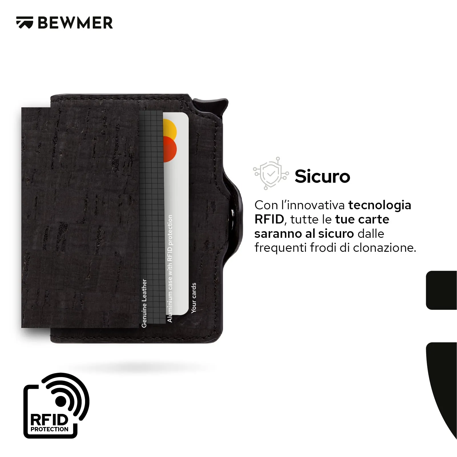 BEWMER Porta Carte di Credito B1 con Zip, Portafoglio Slim RFID, Carbon Fiber, Nero Sughero - immagine 6