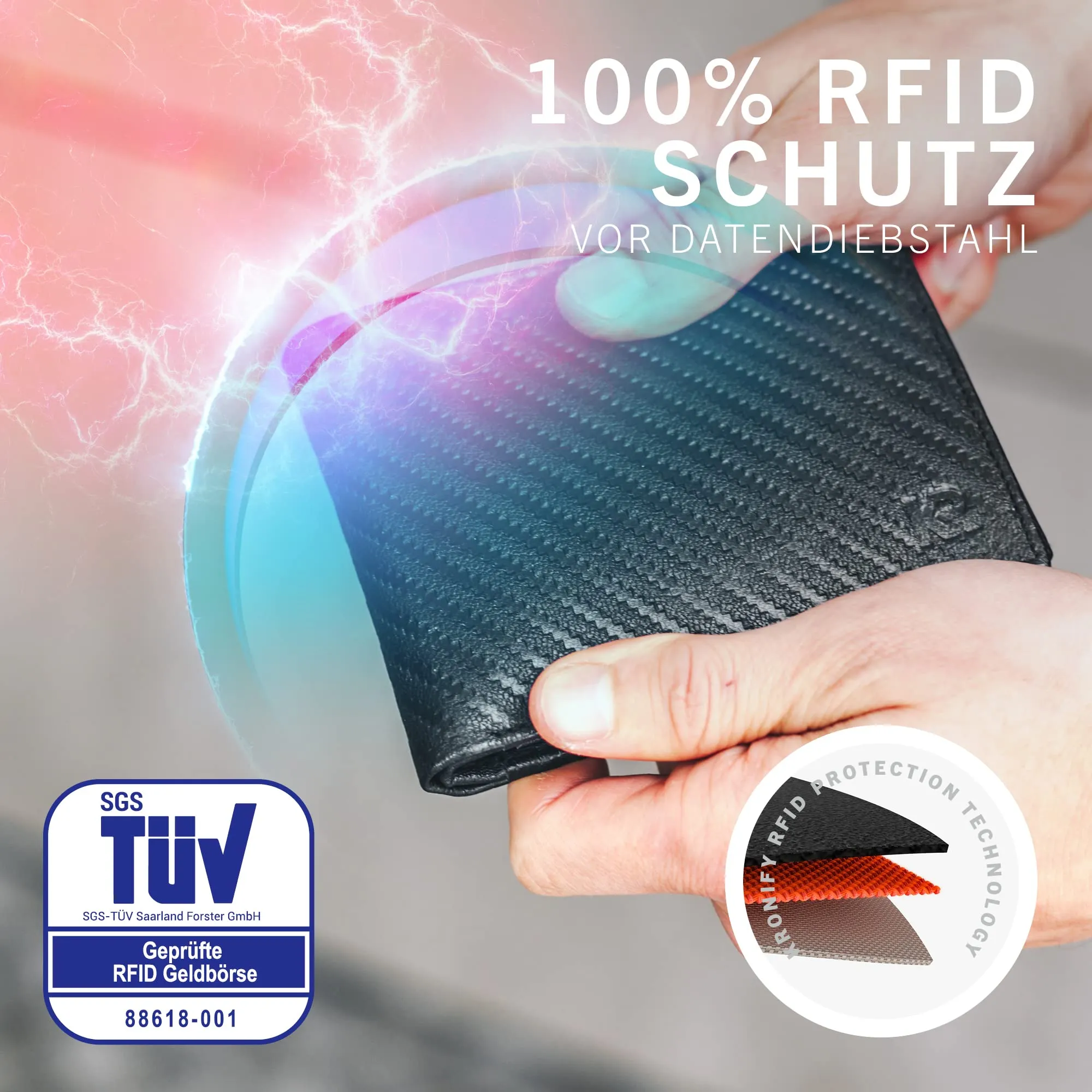 KRONIFY Portafoglio da Uomo in Vera Pelle, Protezione RFID, Formato Orizzontale, 13 Scomparti per Carte, Carbonio - immagine 2