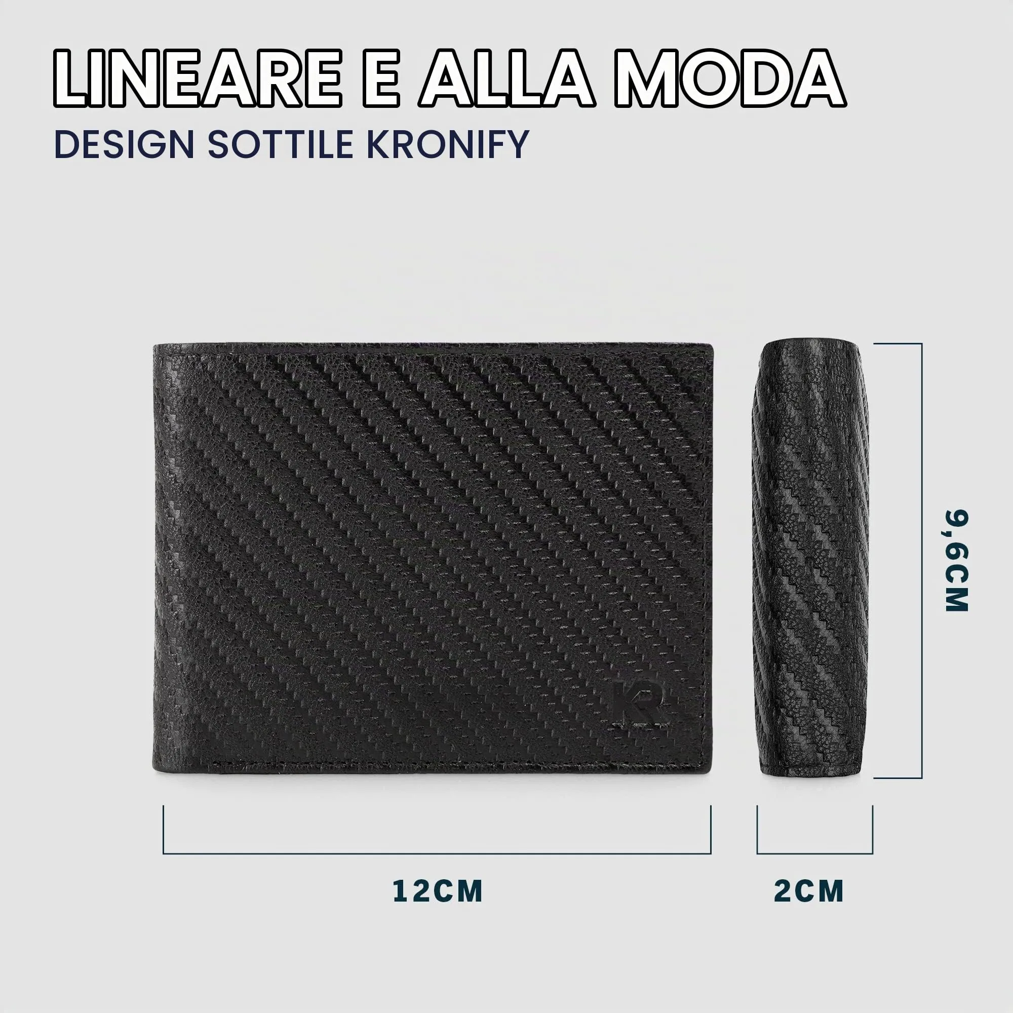 KRONIFY Portafoglio da Uomo in Vera Pelle, Protezione RFID, Formato Orizzontale, 13 Scomparti per Carte, Carbonio - immagine 3
