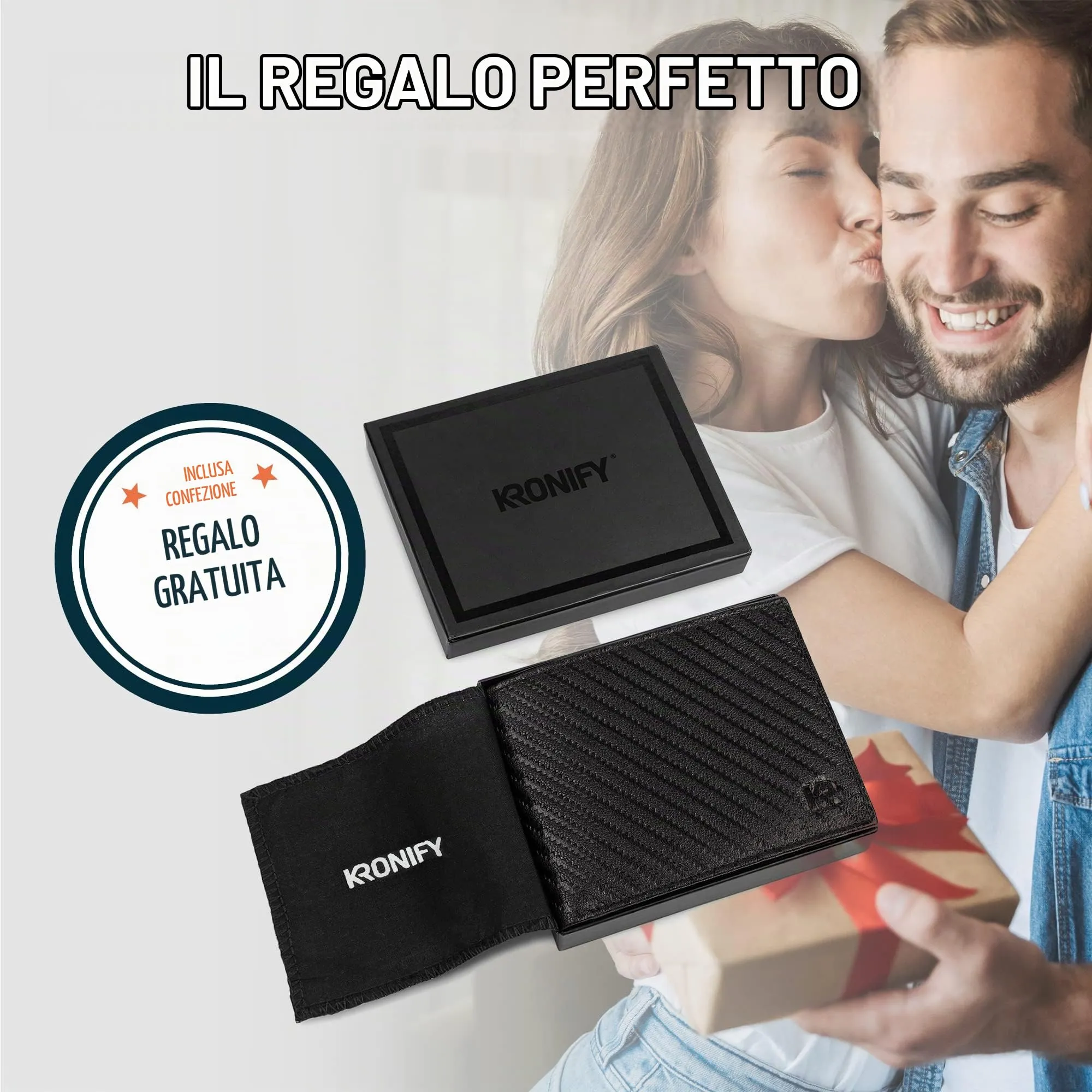 KRONIFY Portafoglio da Uomo in Vera Pelle, Protezione RFID, Formato Orizzontale, 13 Scomparti per Carte, Carbonio - immagine 6