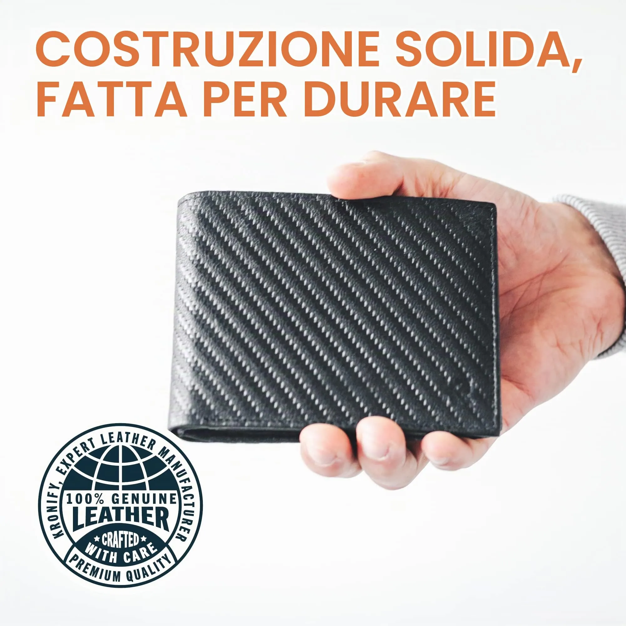 KRONIFY Portafoglio da Uomo in Vera Pelle, Protezione RFID, Formato Orizzontale, 13 Scomparti per Carte, Carbonio - immagine 7