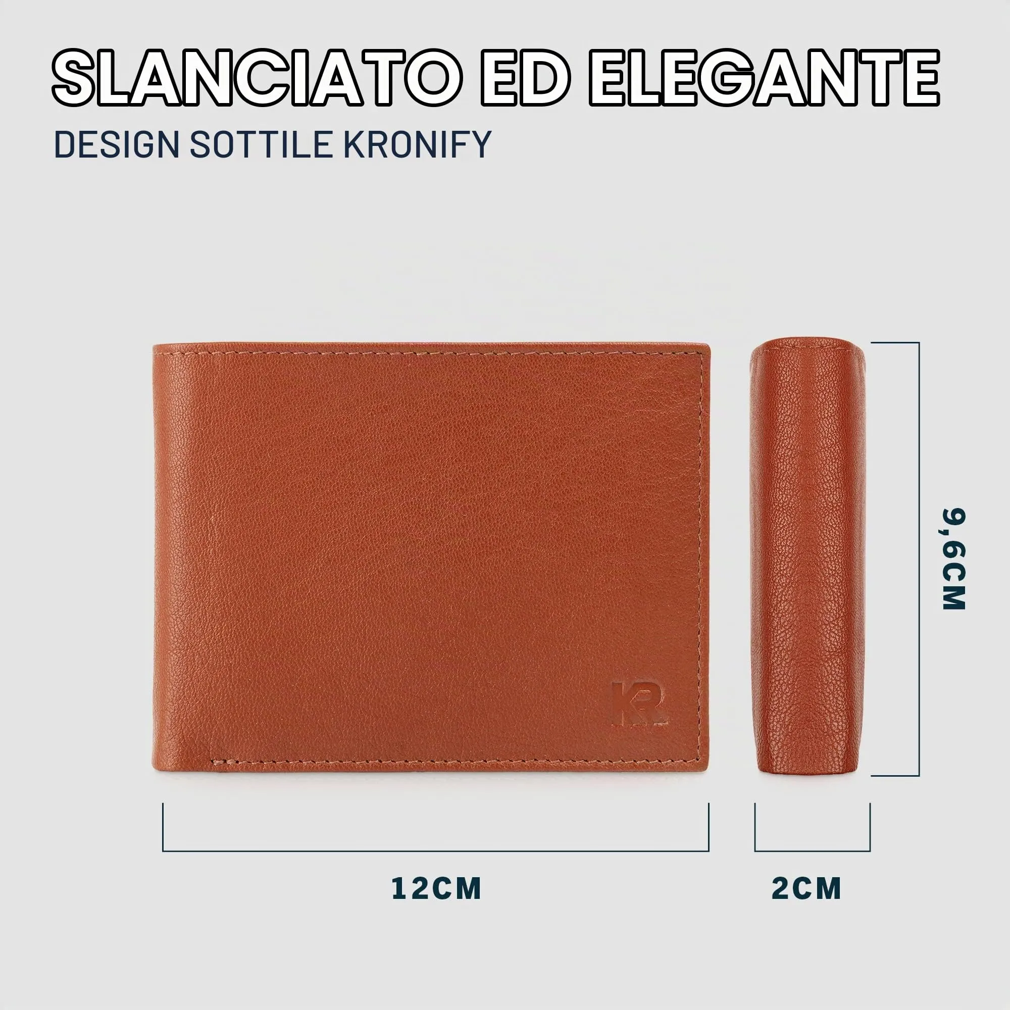 KRONIFY Portafoglio da Uomo in Pelle Nappa Marrone-Rossiccio, Protezione RFID, Formato Orizzontale, 13 Scomparti per Carte e Scomparto per Monete - immagine 3