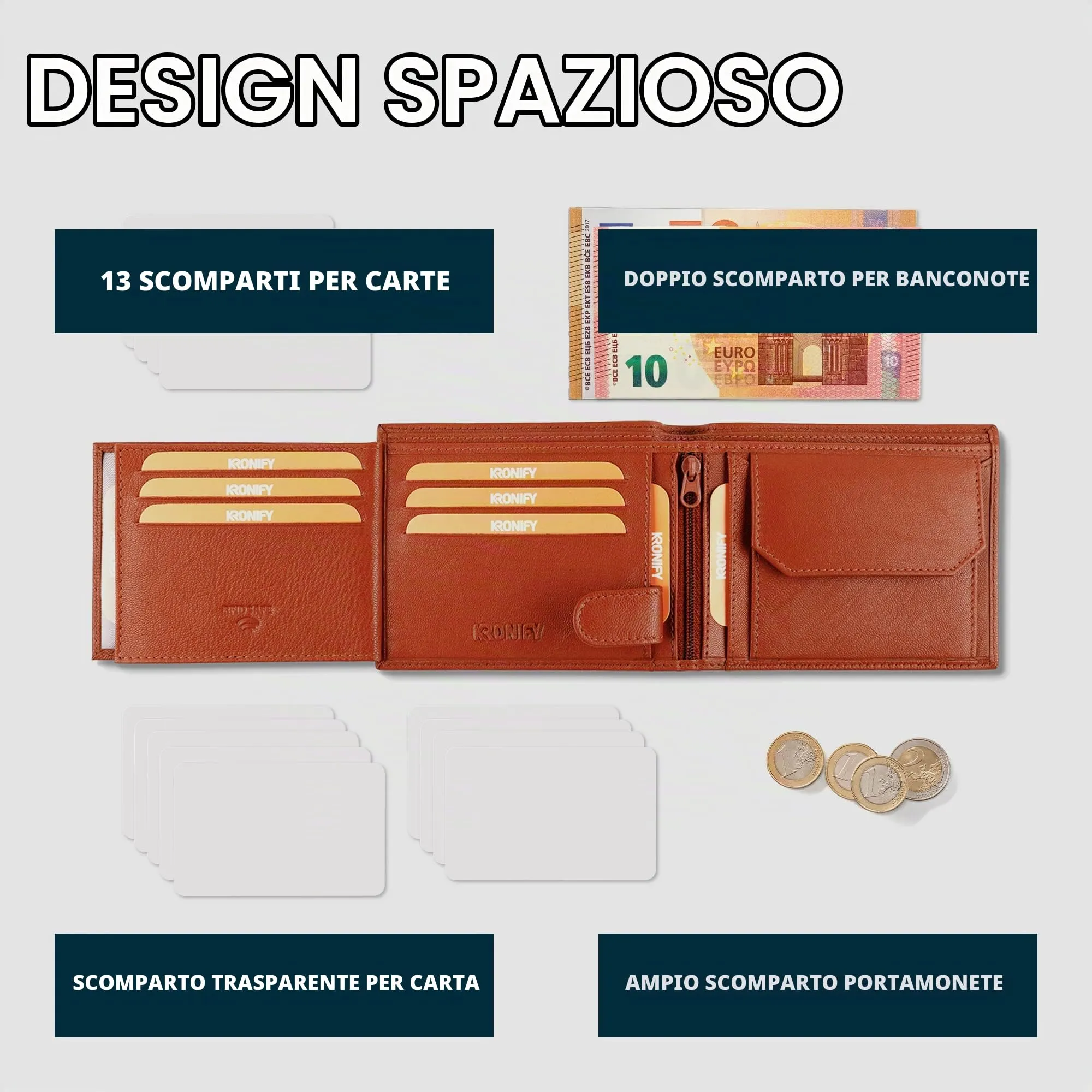 KRONIFY Portafoglio da Uomo in Pelle Nappa Marrone-Rossiccio, Protezione RFID, Formato Orizzontale, 13 Scomparti per Carte e Scomparto per Monete - immagine 5