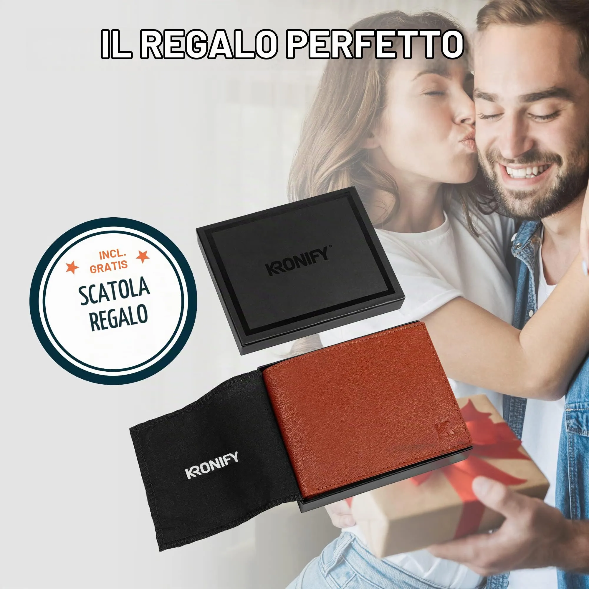 KRONIFY Portafoglio da Uomo in Pelle Nappa Marrone-Rossiccio, Protezione RFID, Formato Orizzontale, 13 Scomparti per Carte e Scomparto per Monete - immagine 6