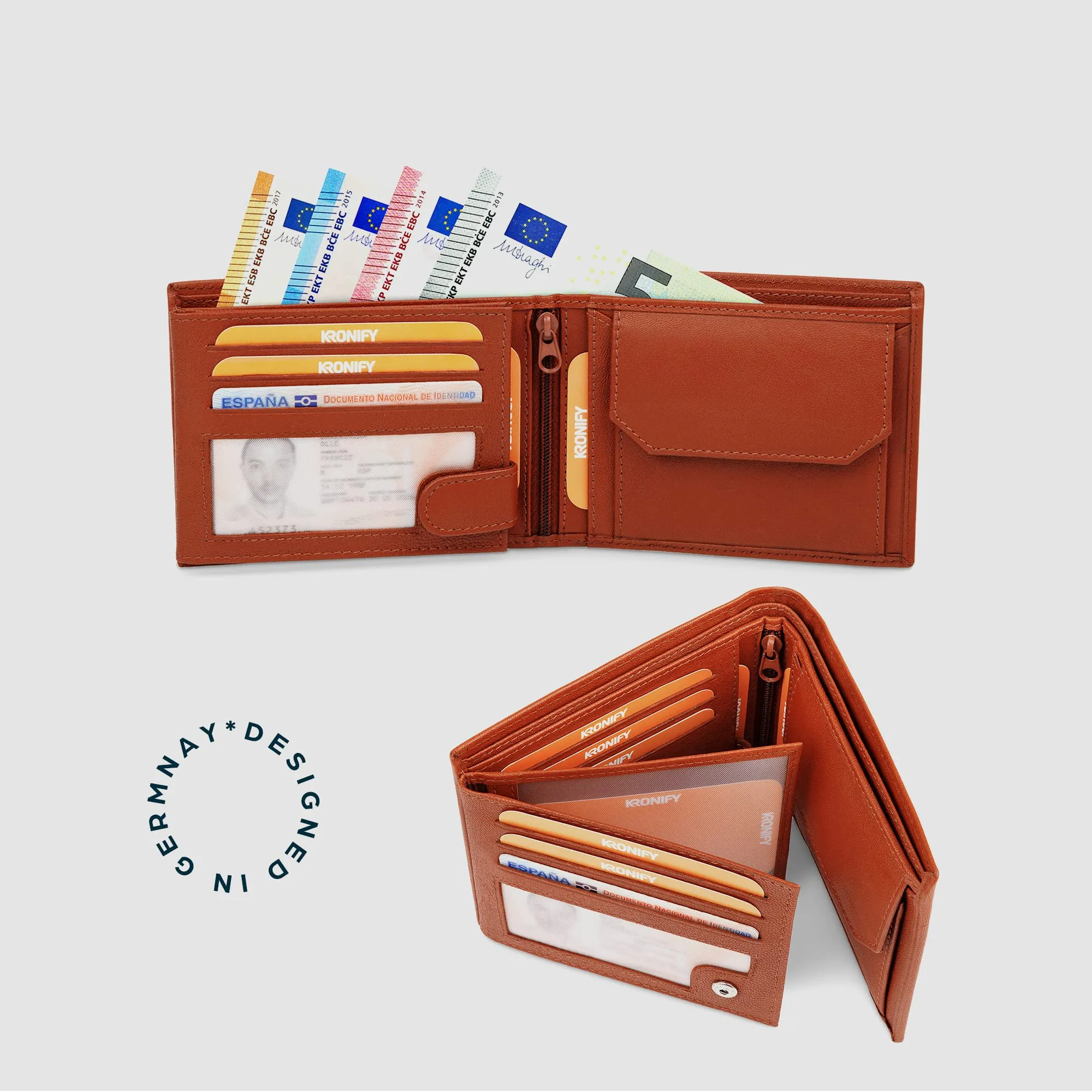 KRONIFY Portafoglio da Uomo in Pelle Nappa Marrone-Rossiccio, Protezione RFID, Formato Orizzontale, 13 Scomparti per Carte e Scomparto per Monete - immagine 8
