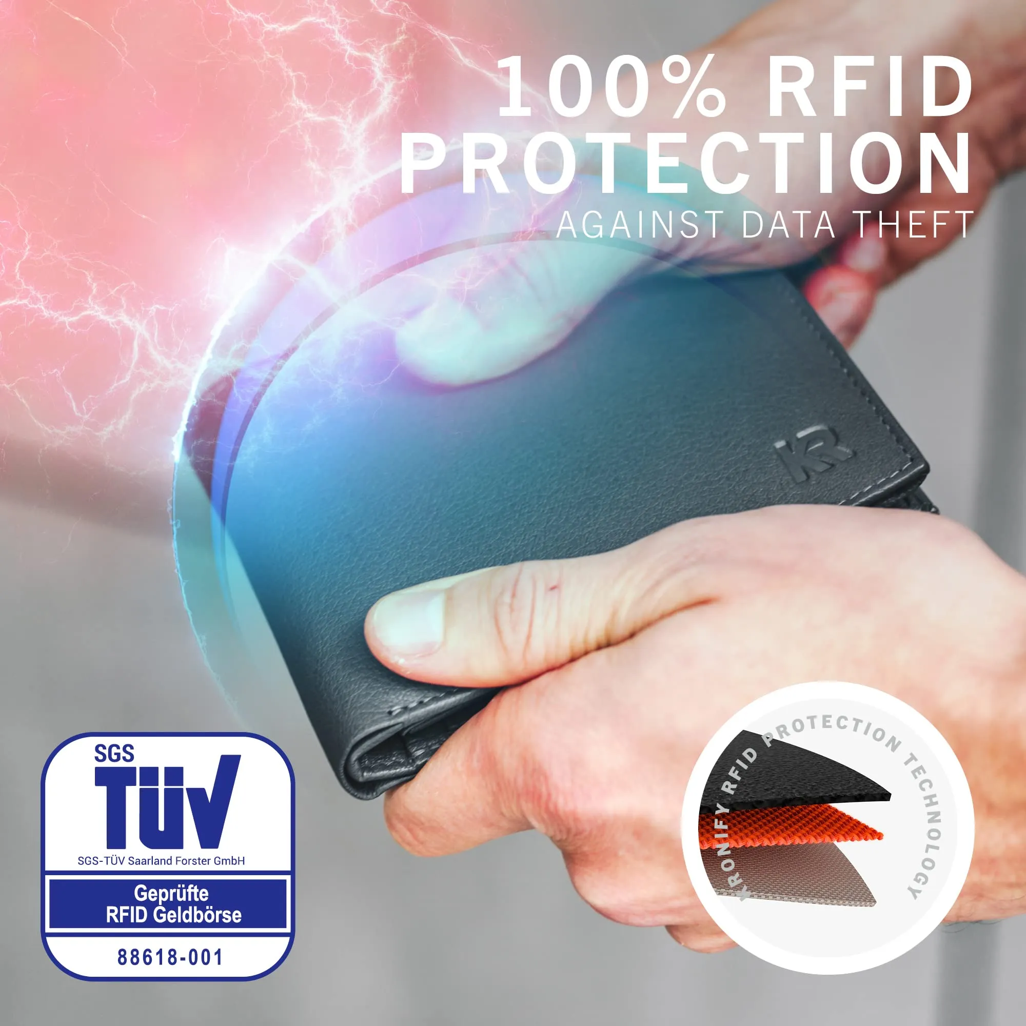 KRONIFY Portafoglio da Uomo in Nappa Grigia, Protezione RFID, Formato Orizzontale, 13 Scomparti per Carte e Scomparto per Monete - immagine 2