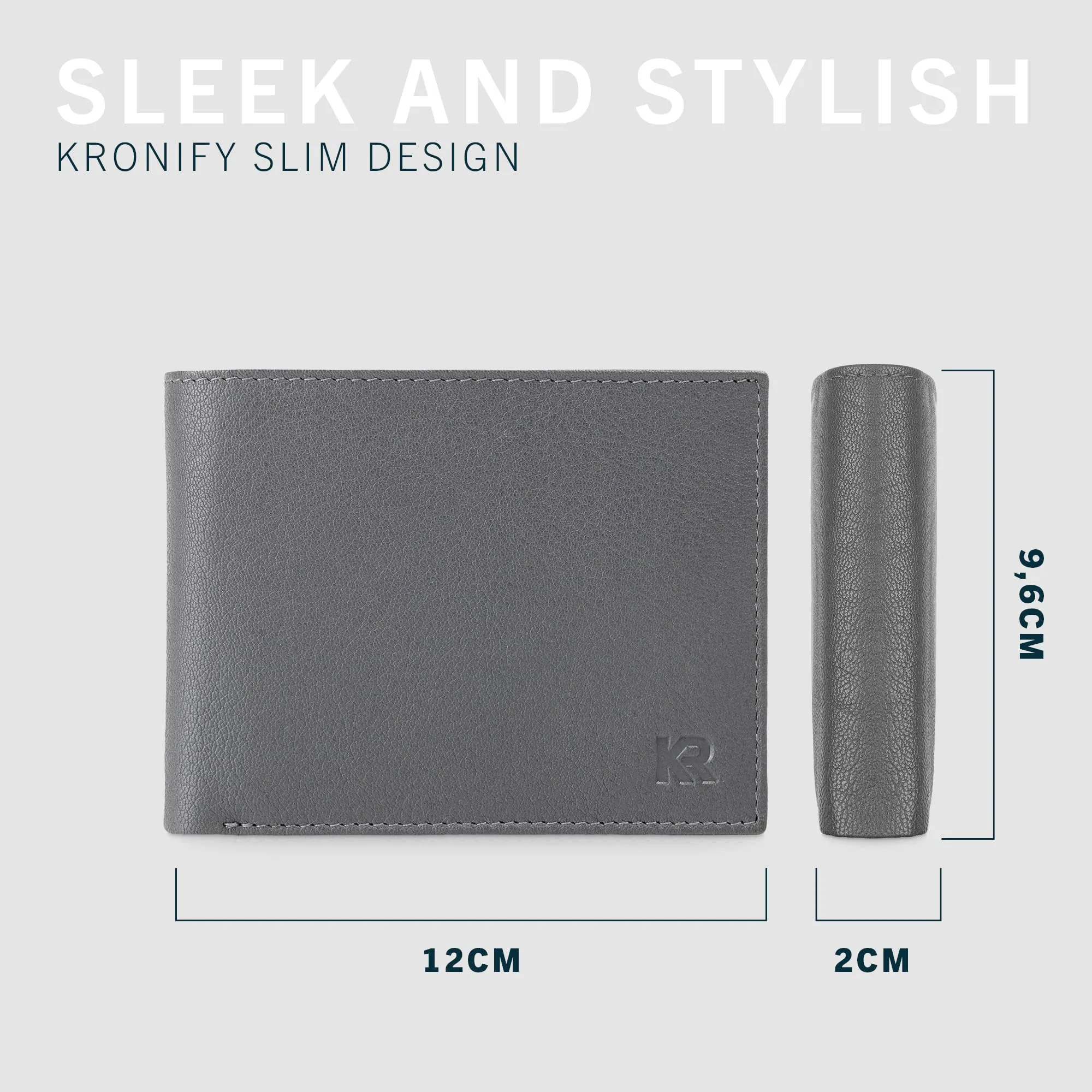 KRONIFY Portafoglio da Uomo in Nappa Grigia, Protezione RFID, Formato Orizzontale, 13 Scomparti per Carte e Scomparto per Monete - immagine 3