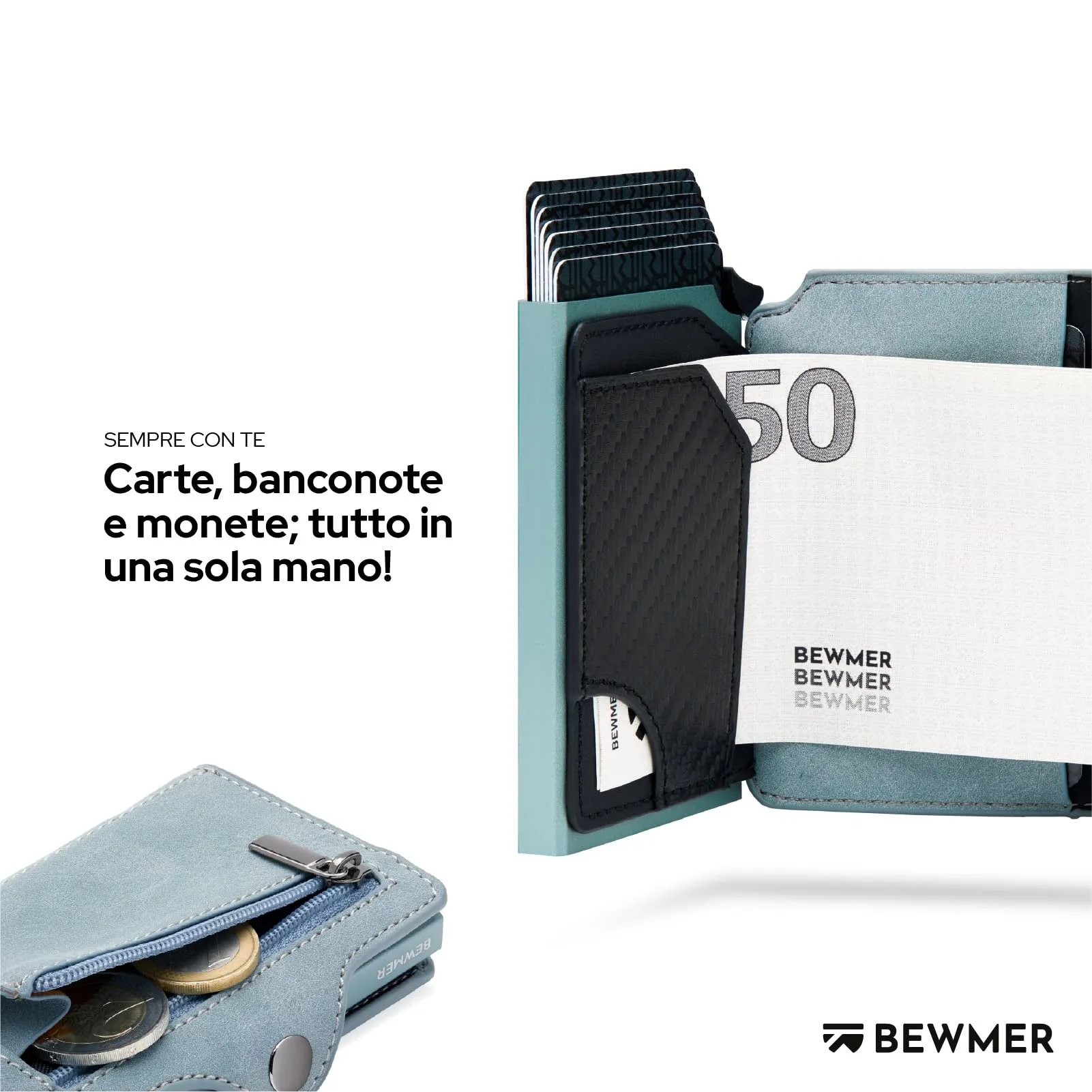 BEWMER Porta Carte di Credito con Zip e Protezione RFID, Portafoglio Slim in Carbon Fiber (Azzurro carta da zucchero) - immagine 3