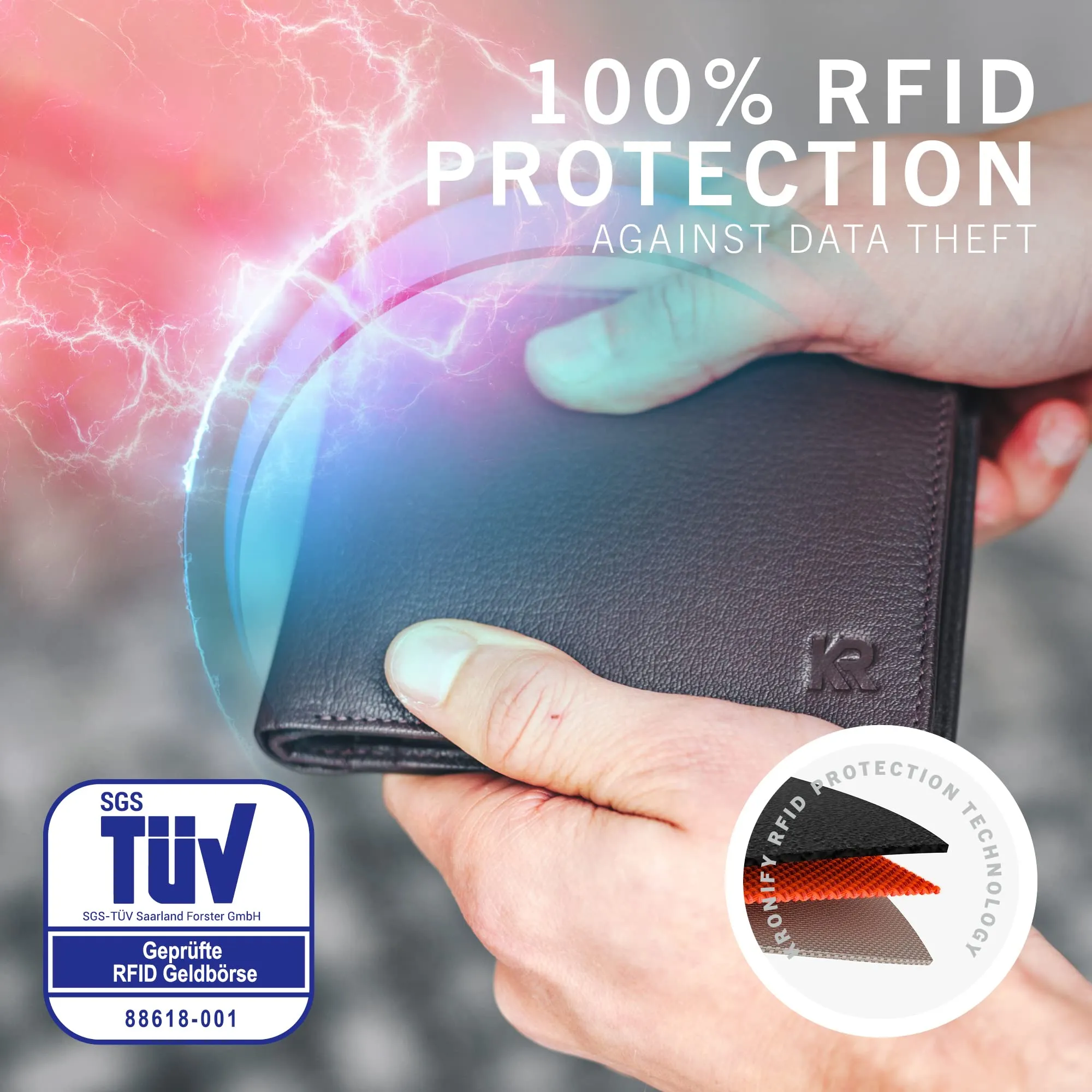 KRONIFY Portafoglio da Uomo in Vera Pelle, Protezione RFID, Formato Orizzontale, 13 Scomparti per Carte, Marrone Scuro Naturale - immagine 2