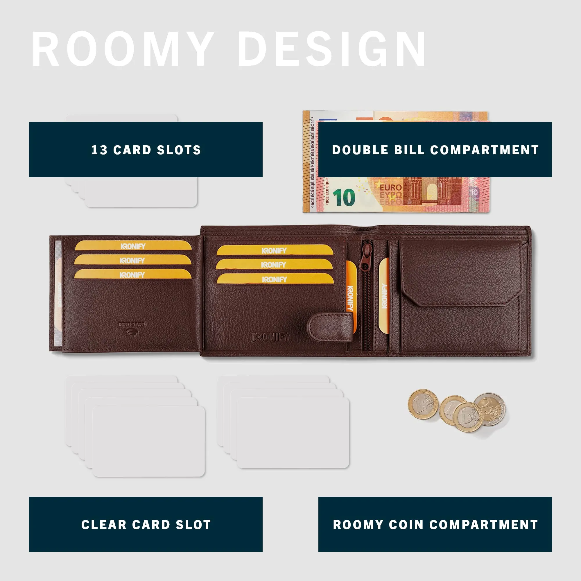 KRONIFY Portafoglio da Uomo in Vera Pelle, Protezione RFID, Formato Orizzontale, 13 Scomparti per Carte, Marrone Scuro Naturale - immagine 5
