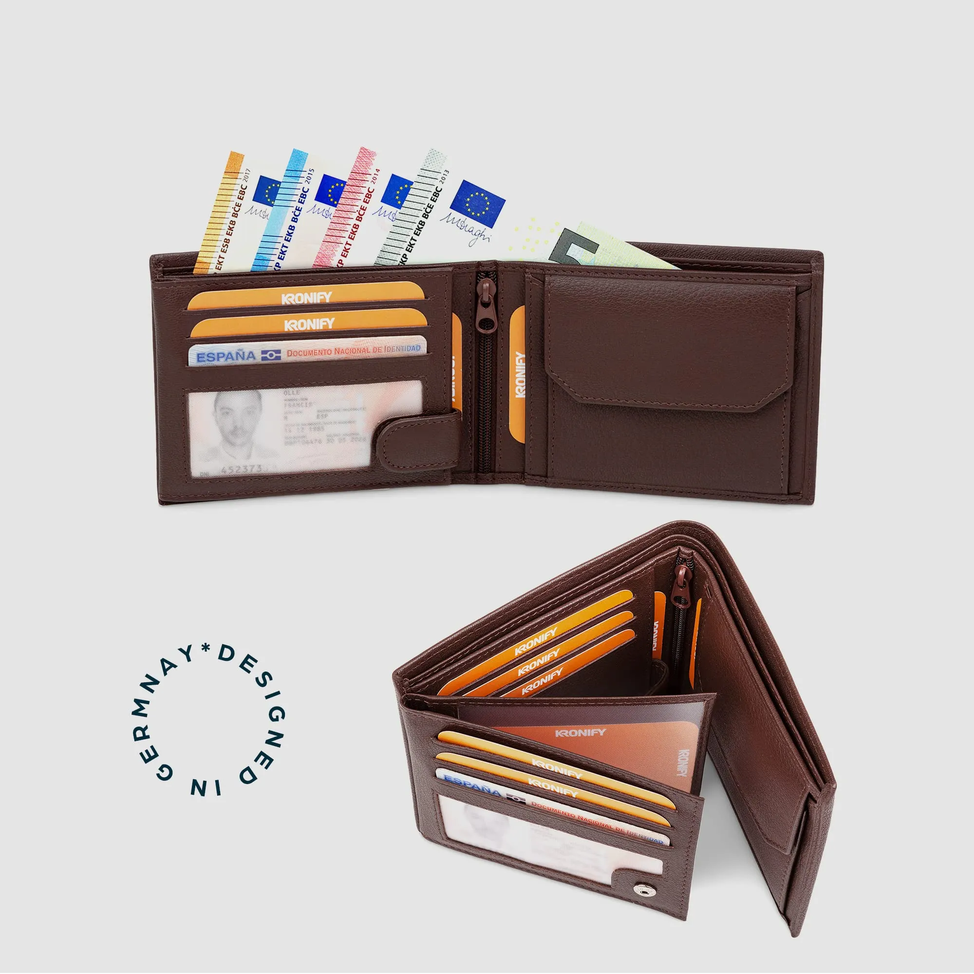 KRONIFY Portafoglio da Uomo in Vera Pelle, Protezione RFID, Formato Orizzontale, 13 Scomparti per Carte, Marrone Scuro Naturale - immagine 6