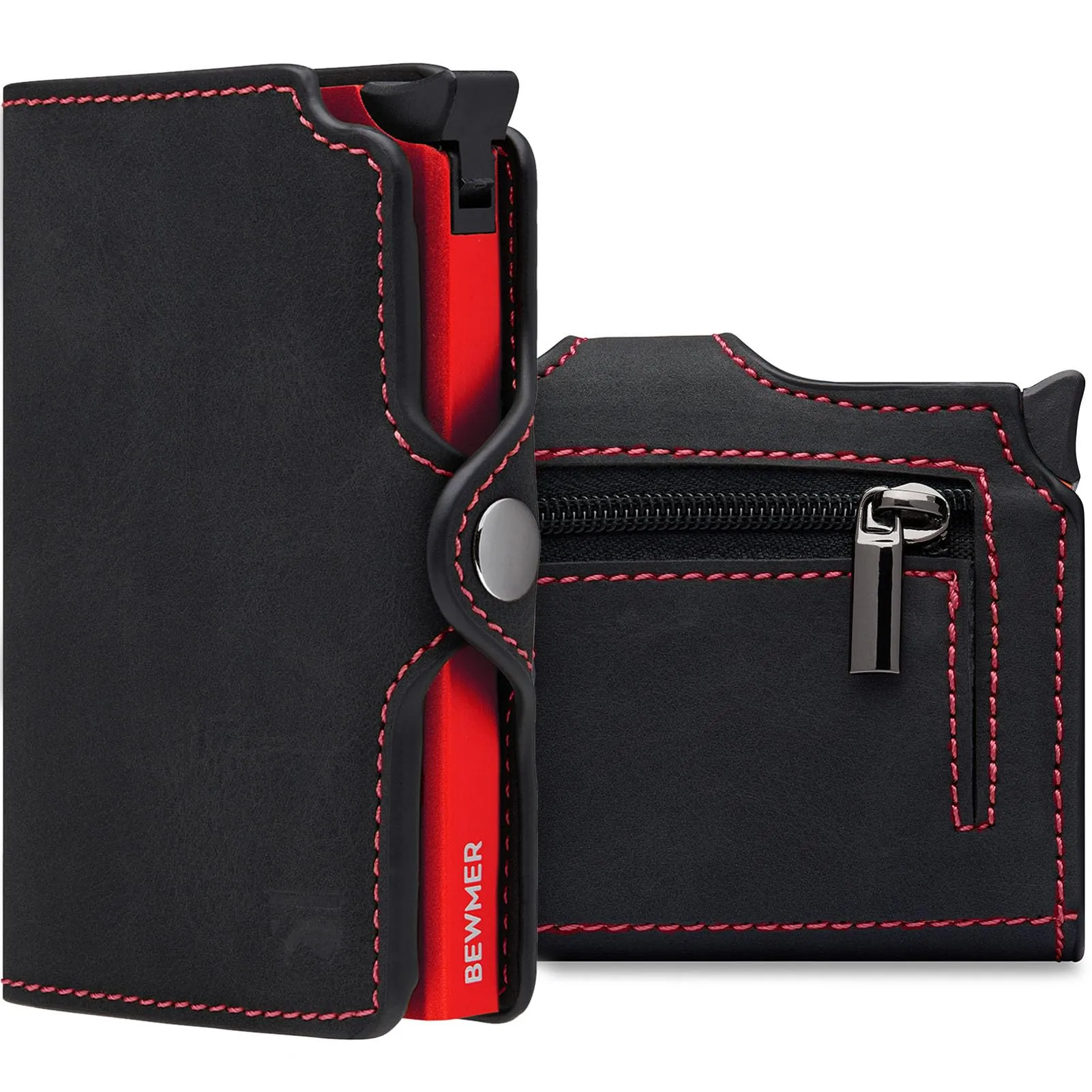 BEWMER Porta Carte di Credito 1 ZIP Schermato, Portafoglio Slim con Protezione RFID e Fermasoldi in Carbon Fiber (Nero e Rosso con Zip) - immagine 1