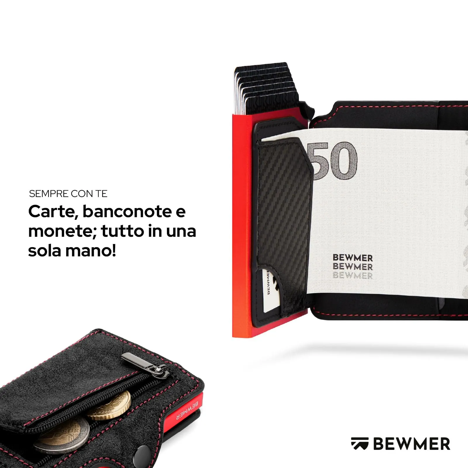 BEWMER Porta Carte di Credito 1 ZIP Schermato, Portafoglio Slim con Protezione RFID e Fermasoldi in Carbon Fiber (Nero e Rosso con Zip) - immagine 3