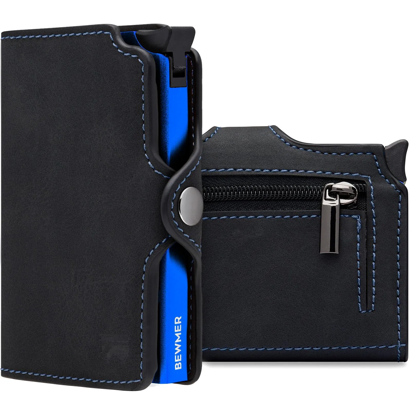 BEWMER Porta Carte di Credito B1 Slim con RFID Protection e Fermasoldi in Carbon Fiber, NeroElettricoBlu, Con zip - immagine 1