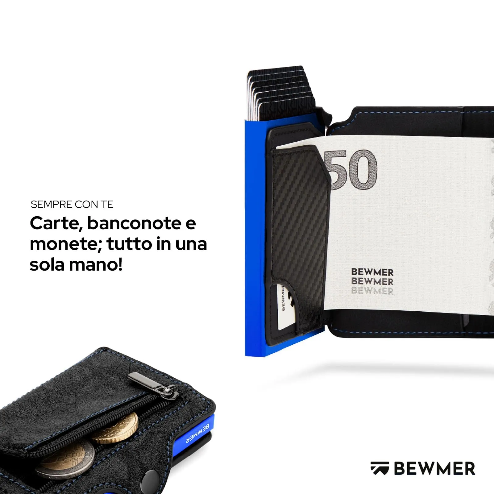 BEWMER Porta Carte di Credito B1 Slim con RFID Protection e Fermasoldi in Carbon Fiber, NeroElettricoBlu, Con zip - immagine 3