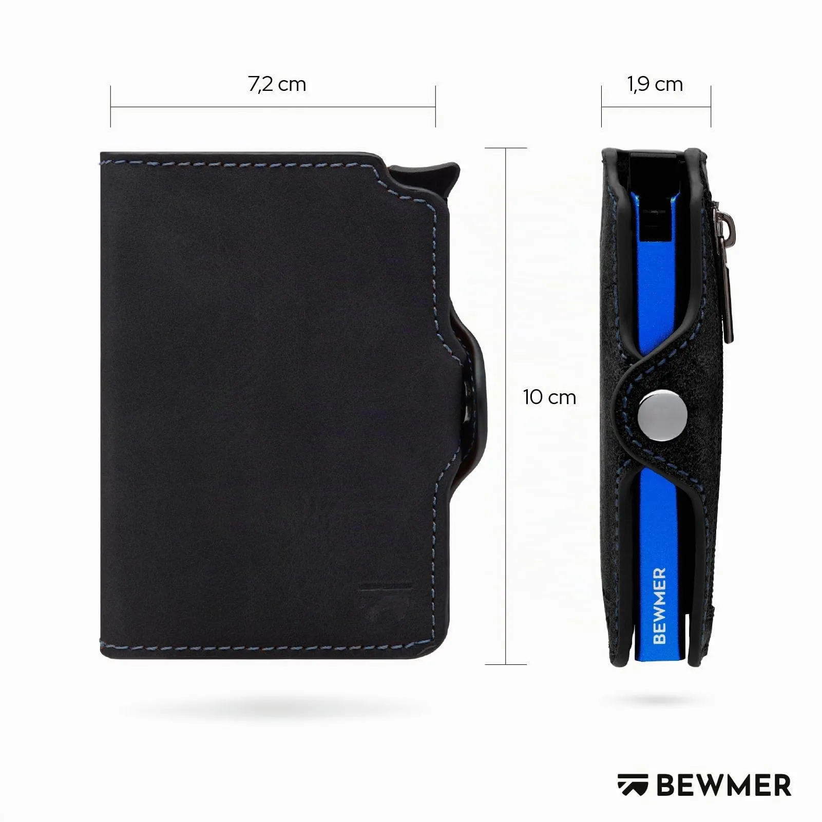 BEWMER Porta Carte di Credito B1 Slim con RFID Protection e Fermasoldi in Carbon Fiber, NeroElettricoBlu, Con zip - immagine 5