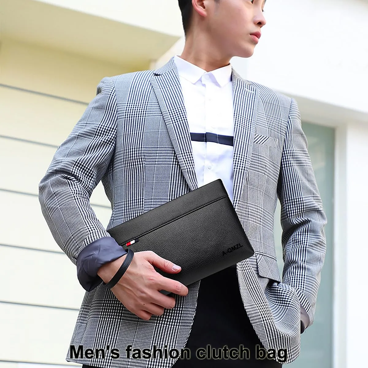 A-QMZL Pochette Uomo in Pelle Nera con Cinturino da Polso e Fessure per Carte - immagine 3