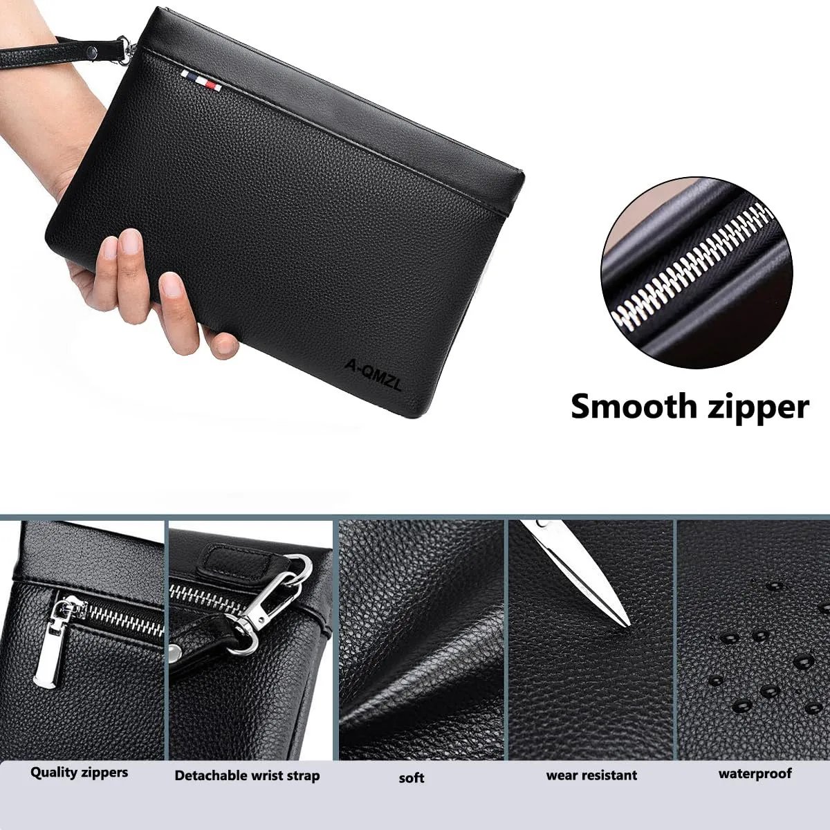 A-QMZL Pochette Uomo in Pelle Nera con Cinturino da Polso e Fessure per Carte - immagine 4