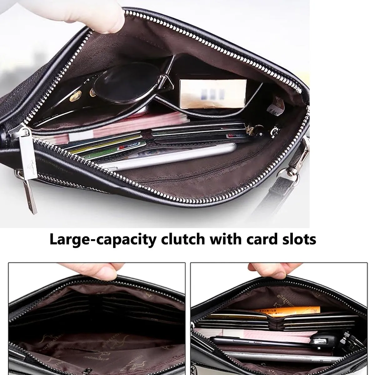 A-QMZL Pochette Uomo in Pelle Nera con Cinturino da Polso e Fessure per Carte - immagine 5