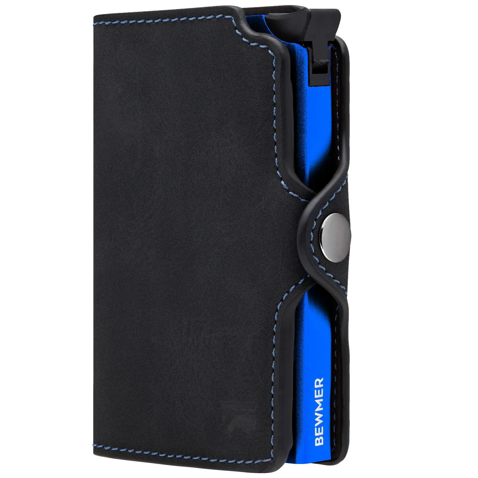 BEWMER Porta Carte di Credito Slim con Protezione RFID e Fermasoldi in Carbon Fiber - Nero Elettrico Blu Senza Zip - immagine 1