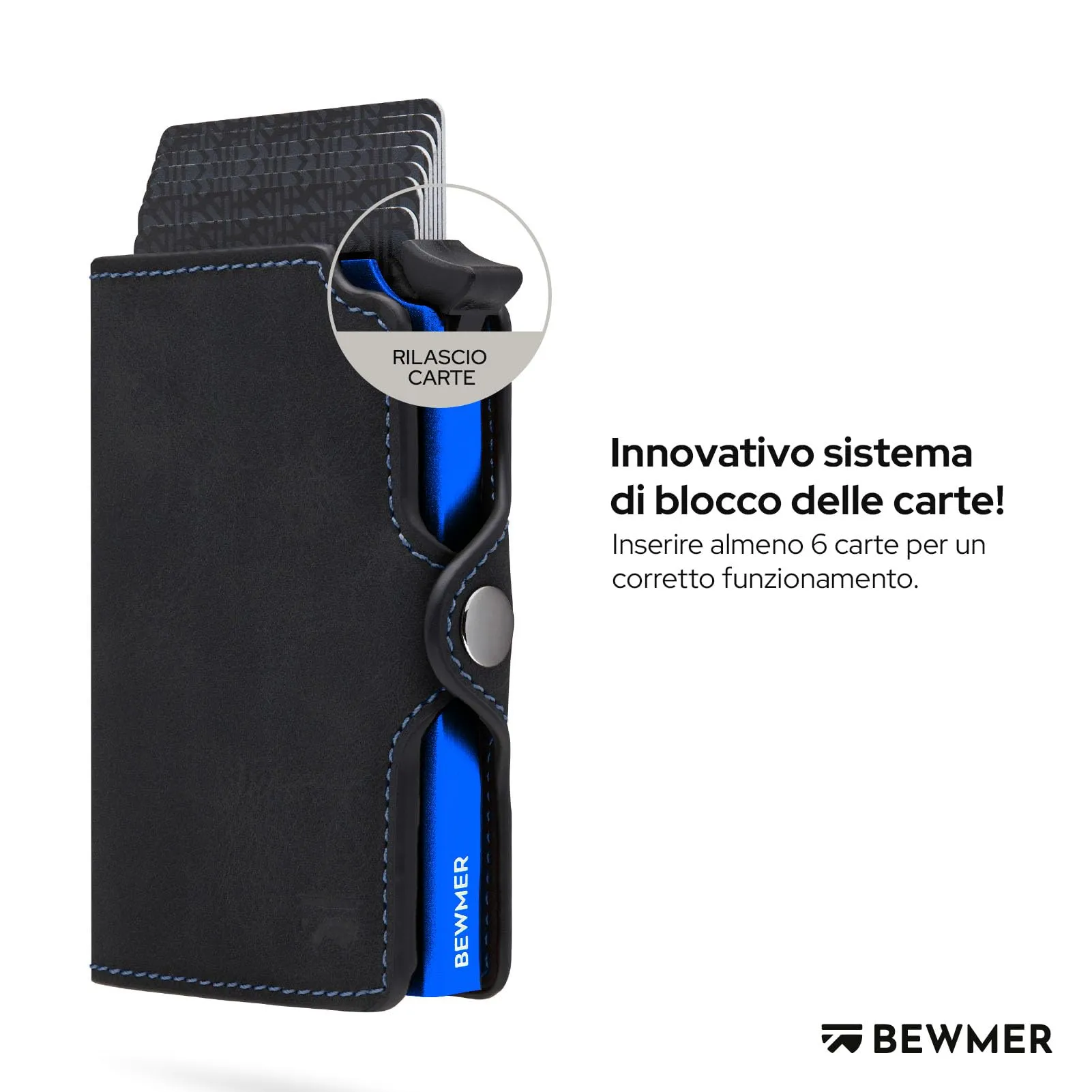 BEWMER Porta Carte di Credito Slim con Protezione RFID e Fermasoldi in Carbon Fiber - Nero Elettrico Blu Senza Zip - immagine 2