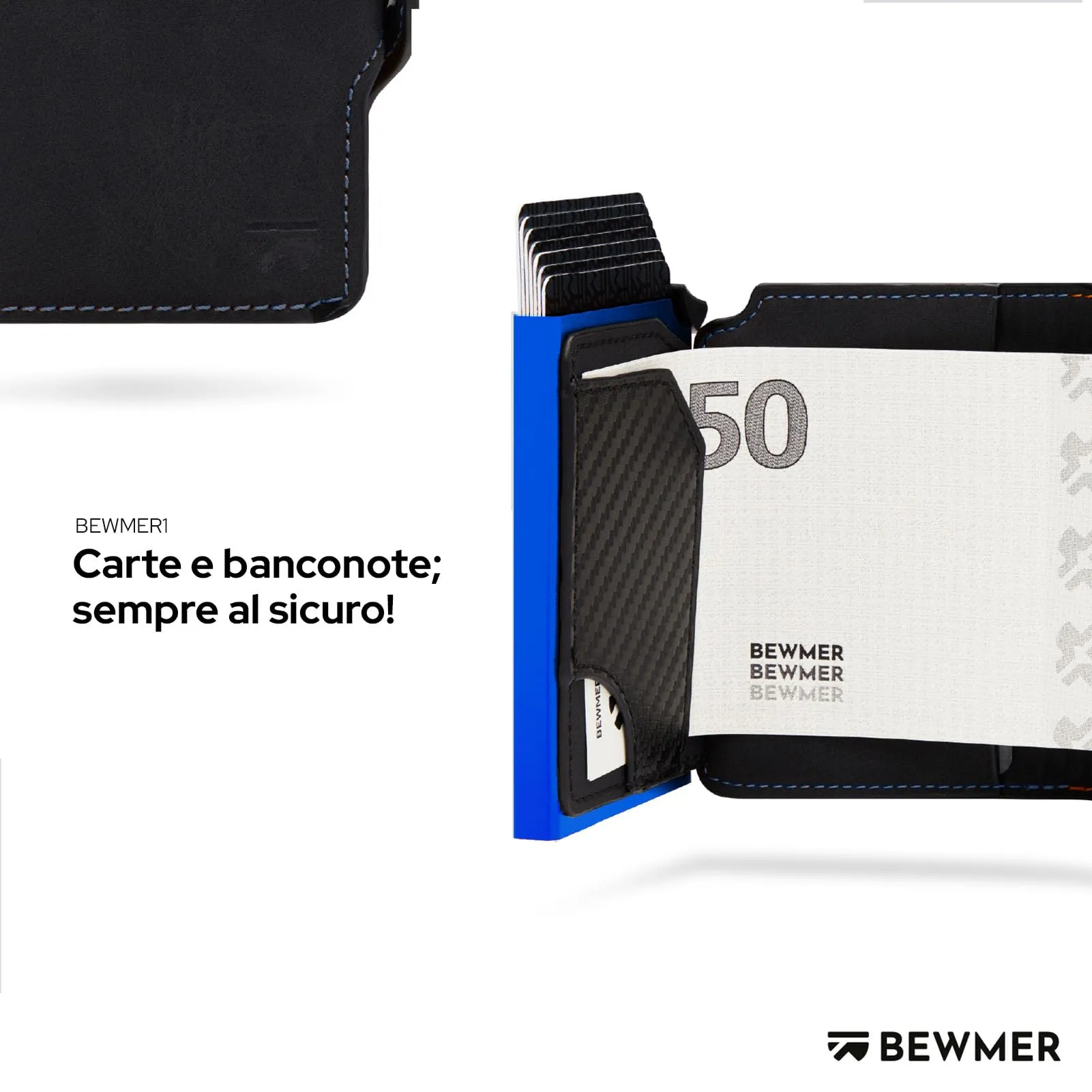 BEWMER Porta Carte di Credito Slim con Protezione RFID e Fermasoldi in Carbon Fiber - Nero Elettrico Blu Senza Zip - immagine 3