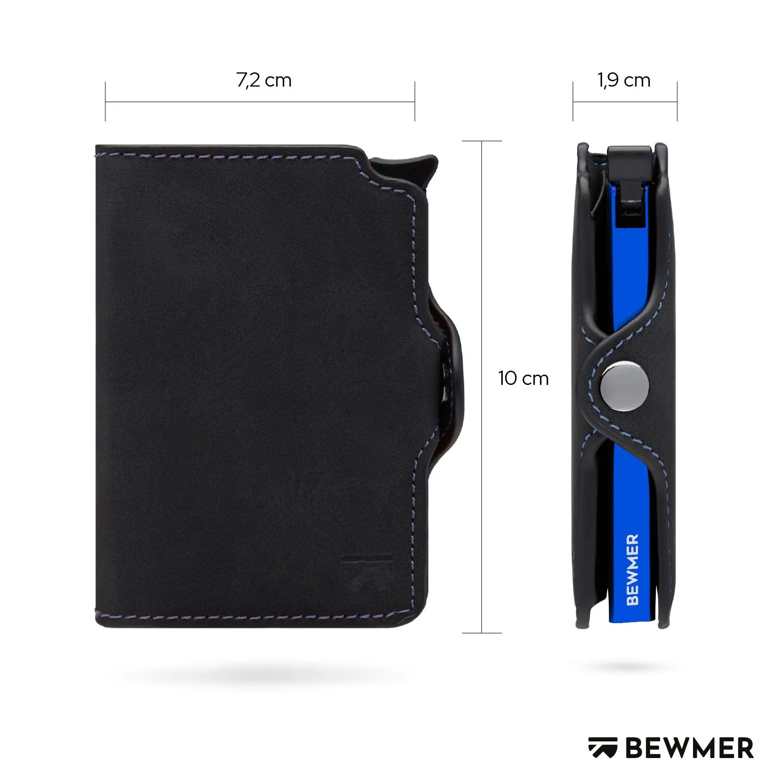 BEWMER Porta Carte di Credito Slim con Protezione RFID e Fermasoldi in Carbon Fiber - Nero Elettrico Blu Senza Zip - immagine 5