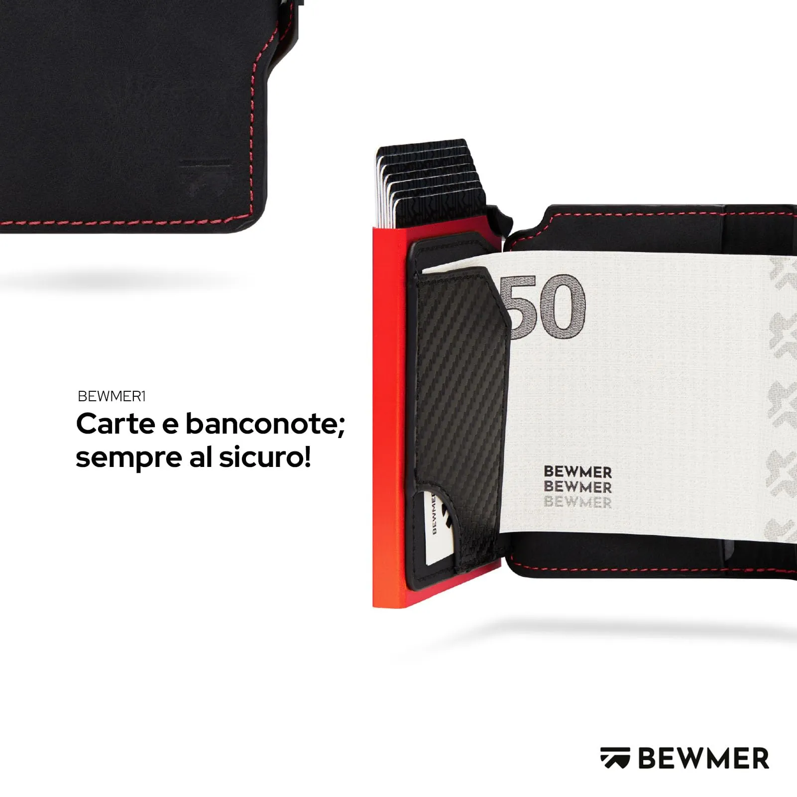 BEWMER Portafoglio Slim con Protezione RFID e Fermasoldi in Carbon Fiber, Nero e Rosso Senza ZIP - immagine 3