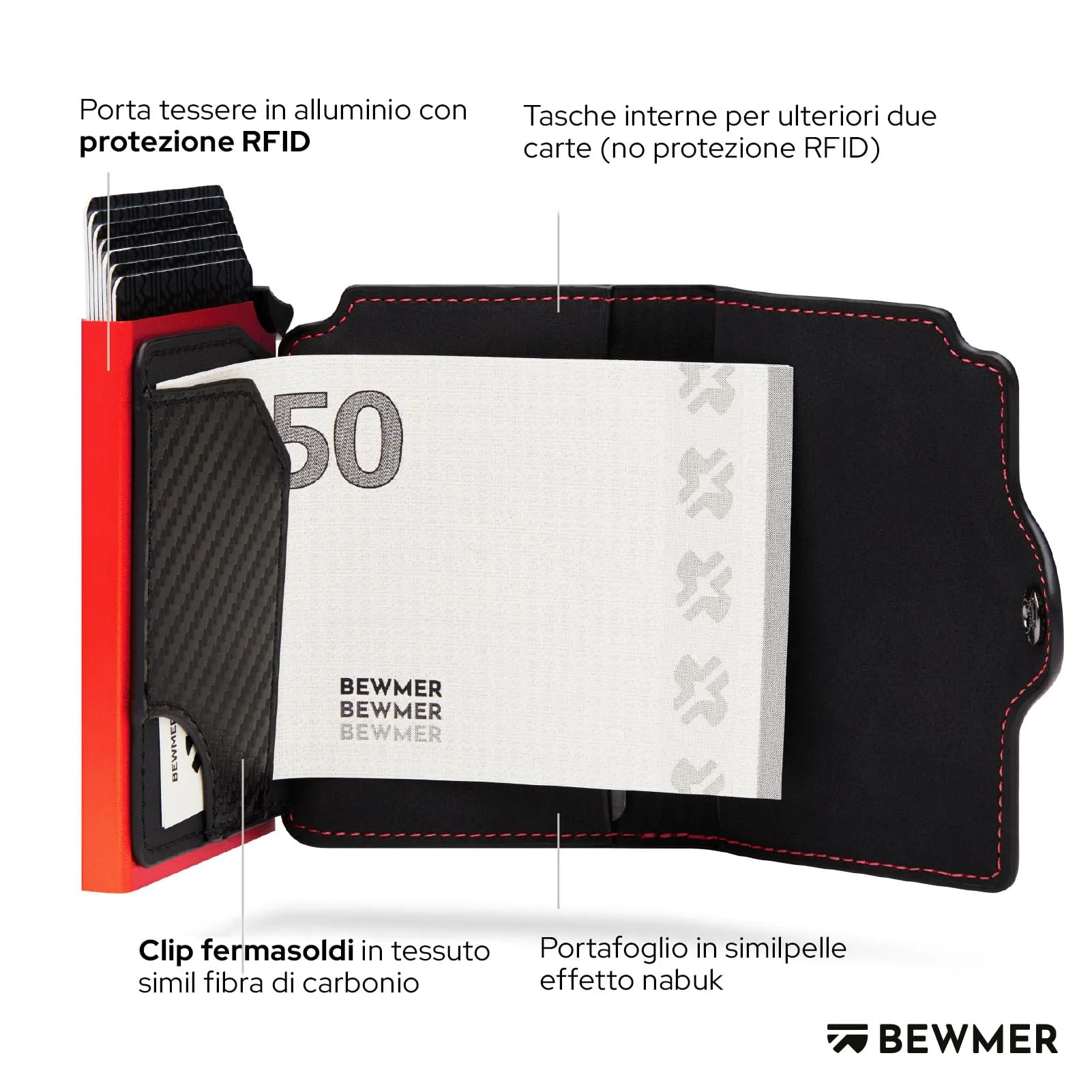 BEWMER Portafoglio Slim con Protezione RFID e Fermasoldi in Carbon Fiber, Nero e Rosso Senza ZIP - immagine 4