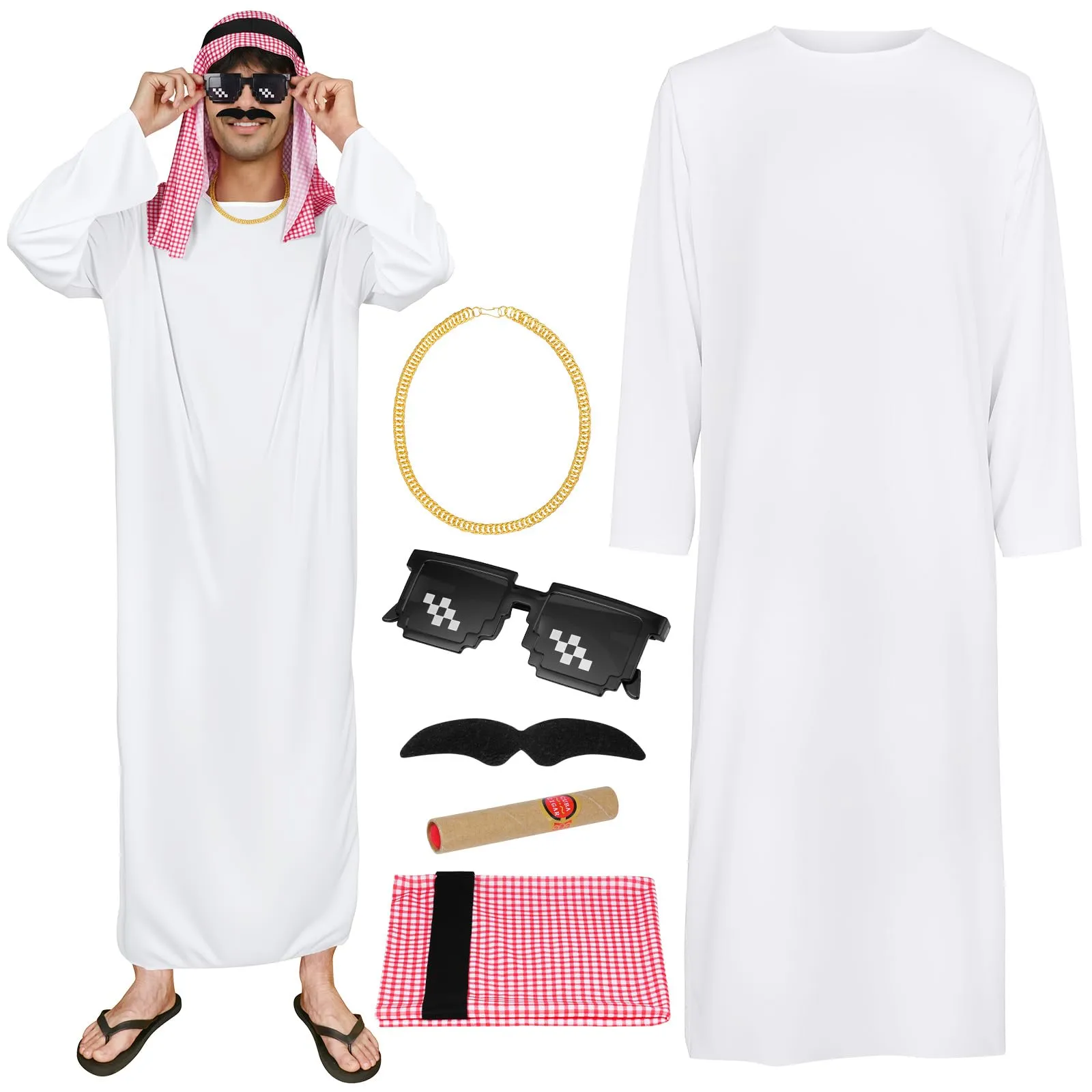 BSBUY Costume da Sceicco Arabo Uomo Set da 6 Pezzi, Bianco - immagine 1