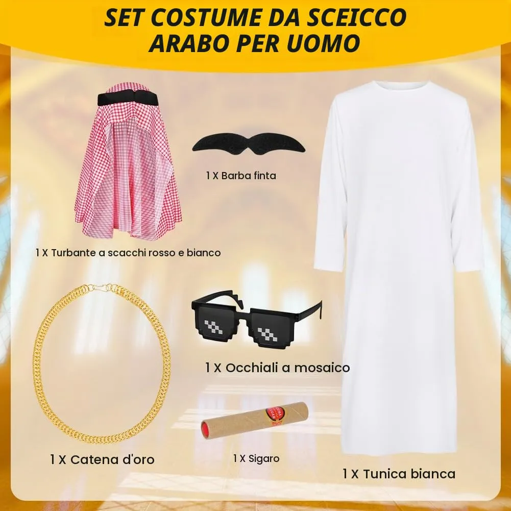 BSBUY Costume da Sceicco Arabo Uomo Set da 6 Pezzi, Bianco - immagine 3