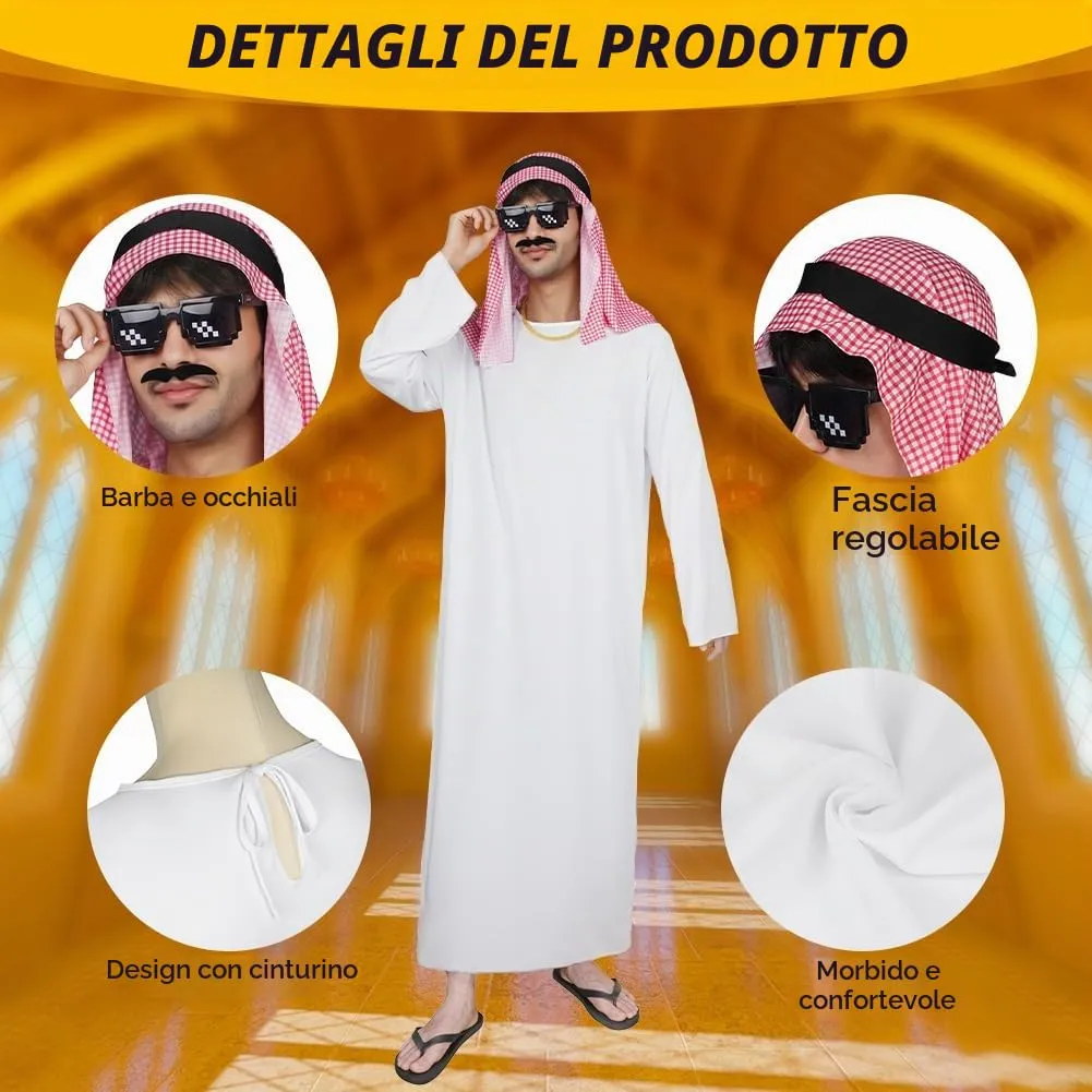 BSBUY Costume da Sceicco Arabo Uomo Set da 6 Pezzi, Bianco - immagine 4