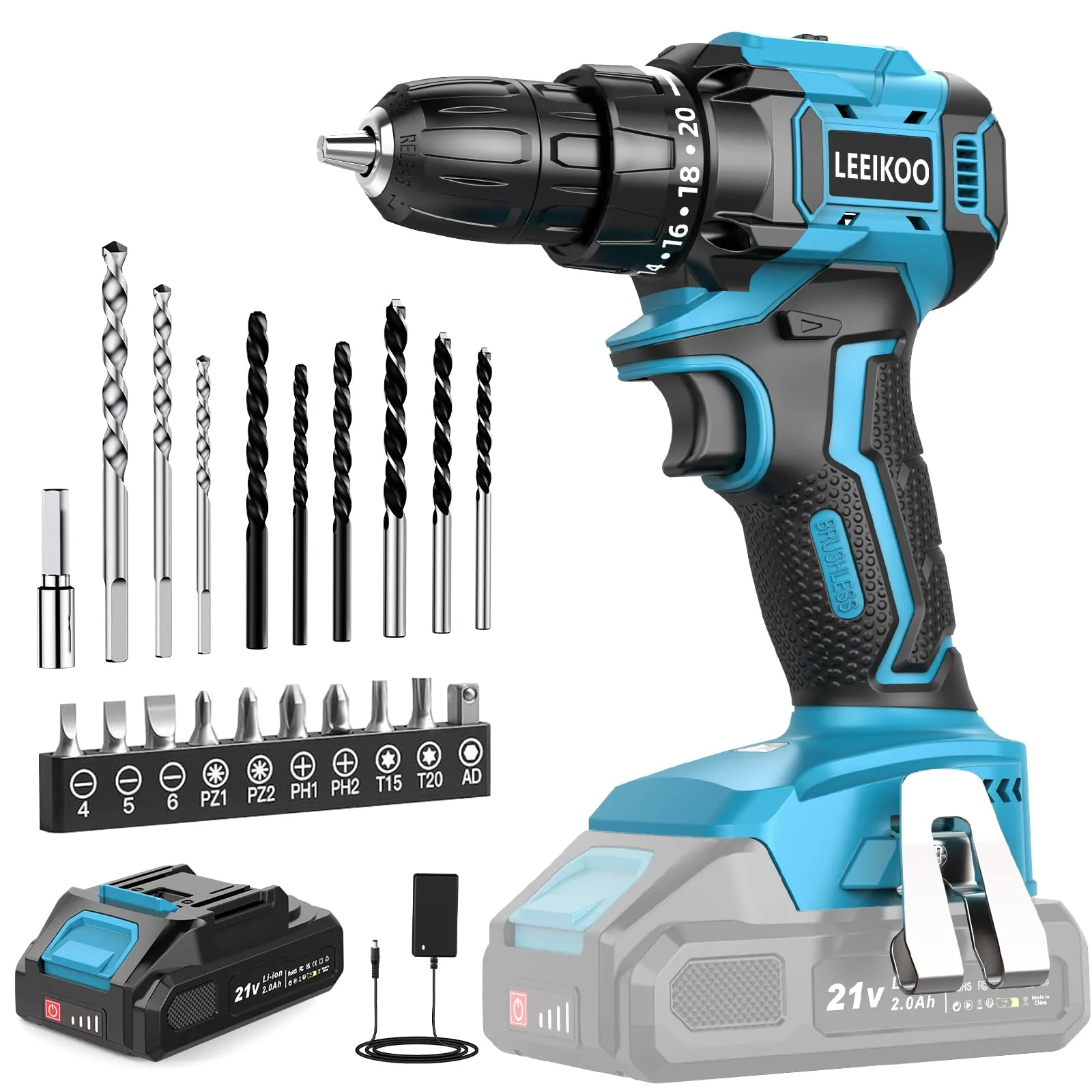 Trapano Avvitatore a Batteria LEEIKOO 21V Brushless 45N.m 2,0Ah - immagine 1