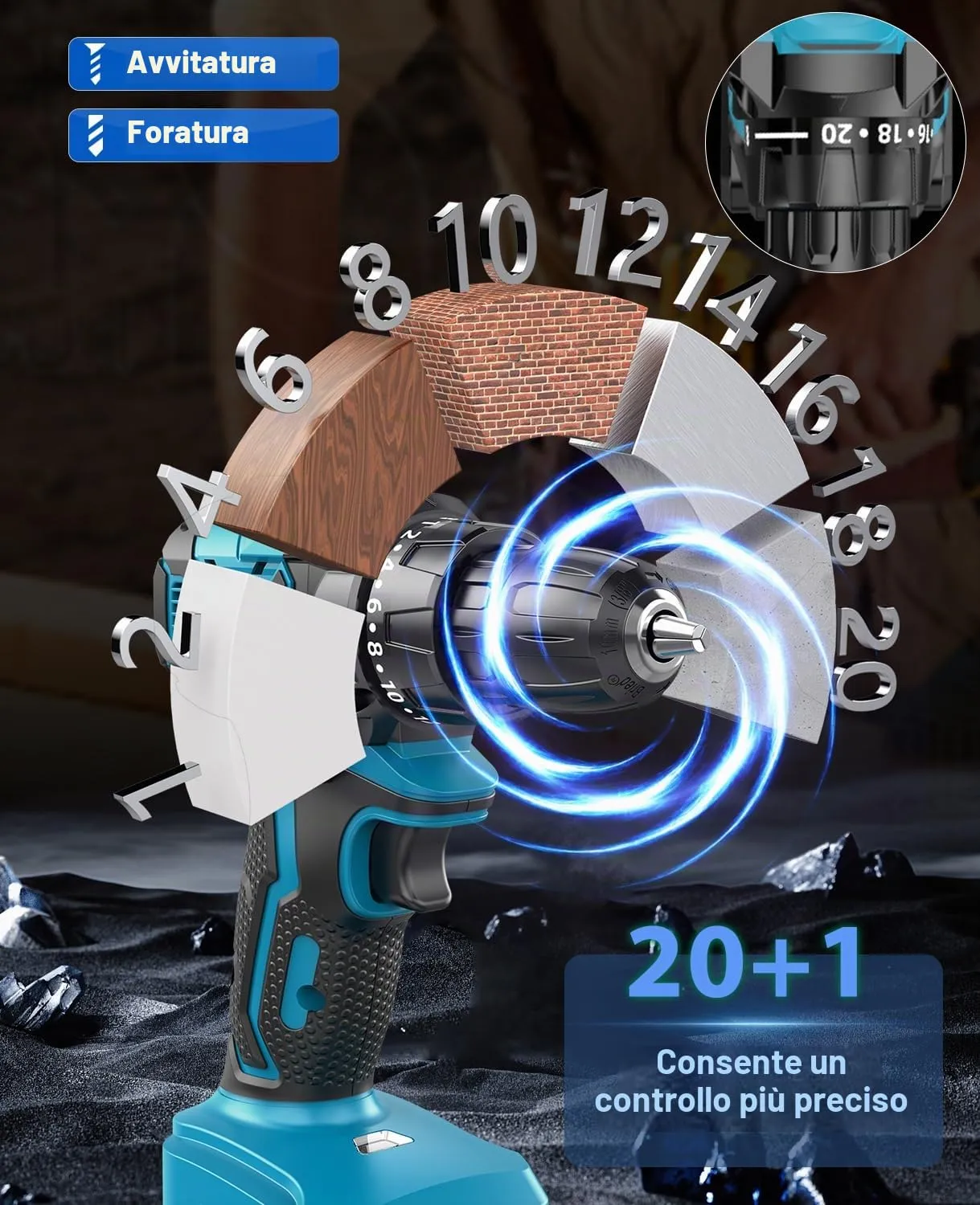 Trapano Avvitatore a Batteria LEEIKOO 21V Brushless 45N.m 2,0Ah - immagine 3